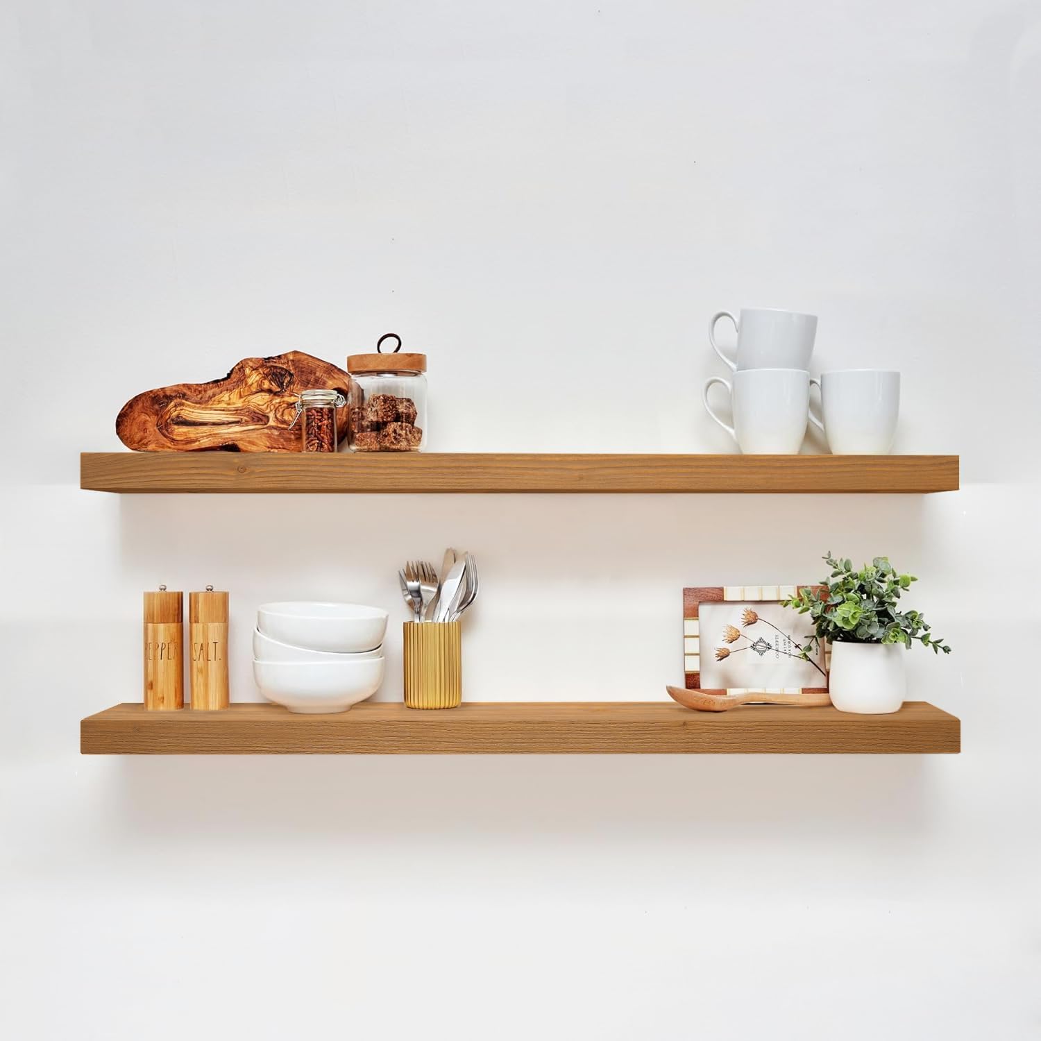 Homeforia Floating 60 inch Oak Shelves, High End Solid Real Wood 60inch Floating Shelf for Wall Mounted, Honey Oak Wooden 60in Large Floating Shelves, Heavy Duty Bracket, 60 X 6.5 X 1.75 in, Set of 2
