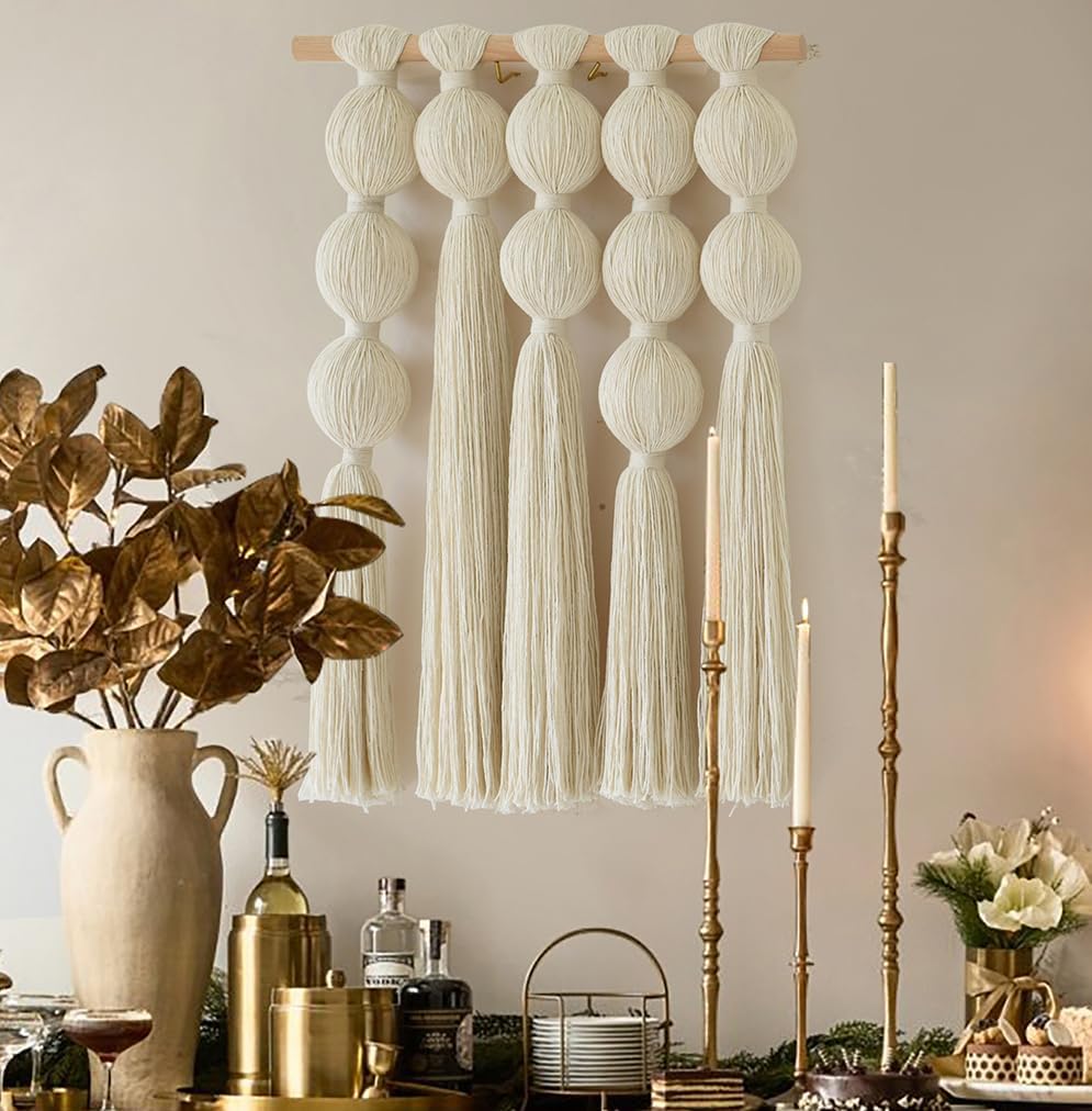 Flber Macrame Wall Hanging Woven Knot and Tassel Fringe Handmade Boho Wall Art for Bedroom, Living Room, or Entryway Decor 27" W x 29" L