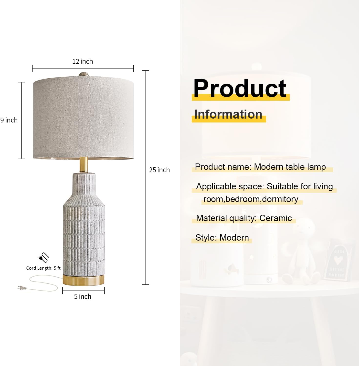 25" Table Lamps Set of 2 - Modern Bedside Lamps for Living Room - White Washed Ceramic Nightstand Lamps for Bedroom