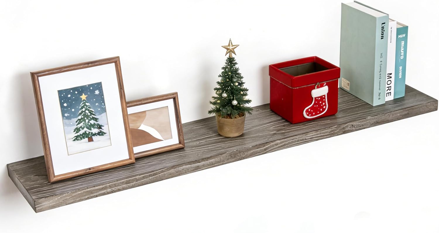 Floating Shelves for Wall, 36"x9.3" Rustic Solid Live-Edge Elm Wood Wall Shelves, Heavy-Duty Floating Shelves with Invisible Brackets, Set of 2 for Living Room, Bedroom, and Kitchen, Natural Finish