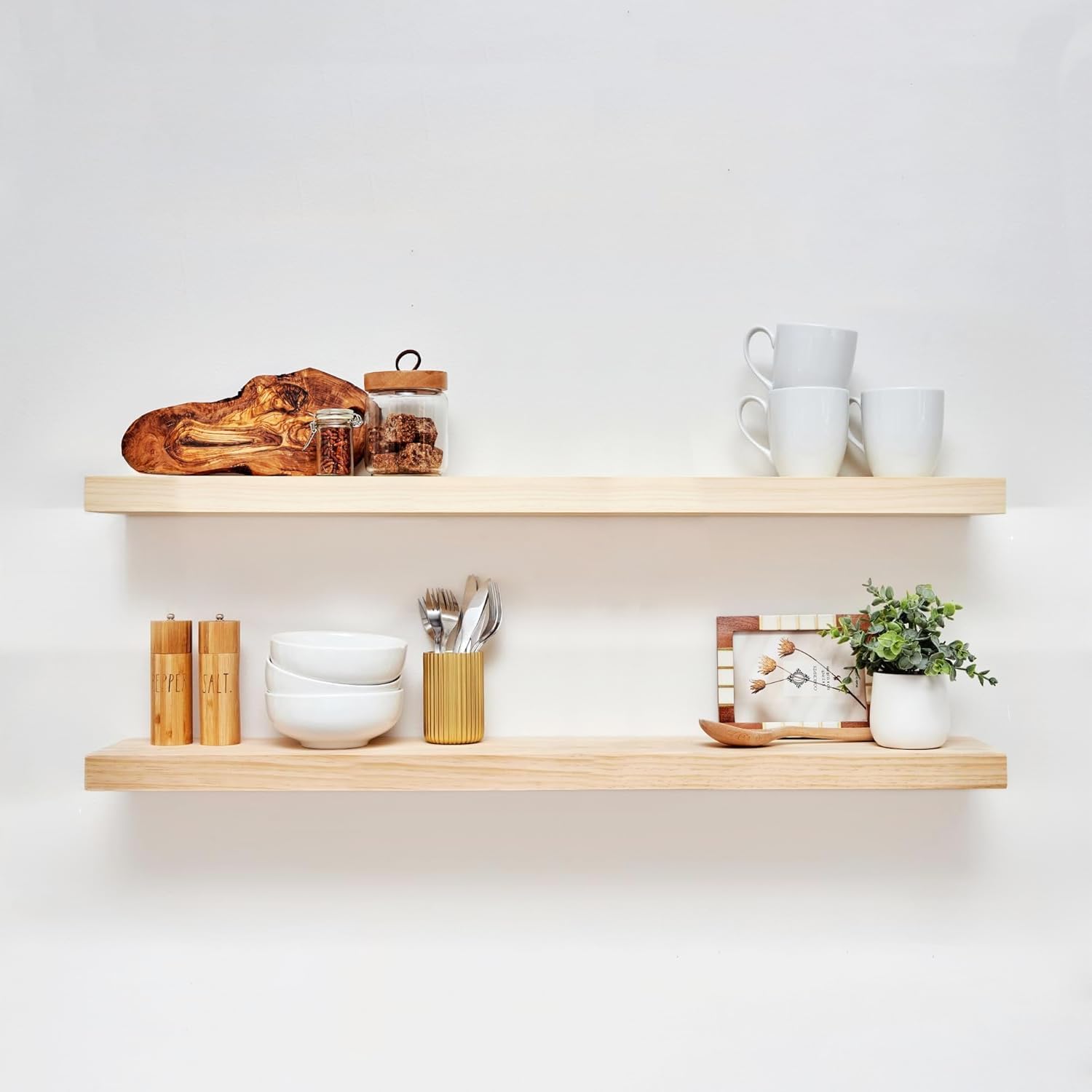 Homeforia 24inch Oak Floating Shelf for Wall, High End Solid Real Wood 24 inches Long Floating Shelves for Bathroom, Honey Oak Wooden Floating Shelves, Heavy Duty Bracket, 24 X 6.5 X 1.75 in, Set of 2