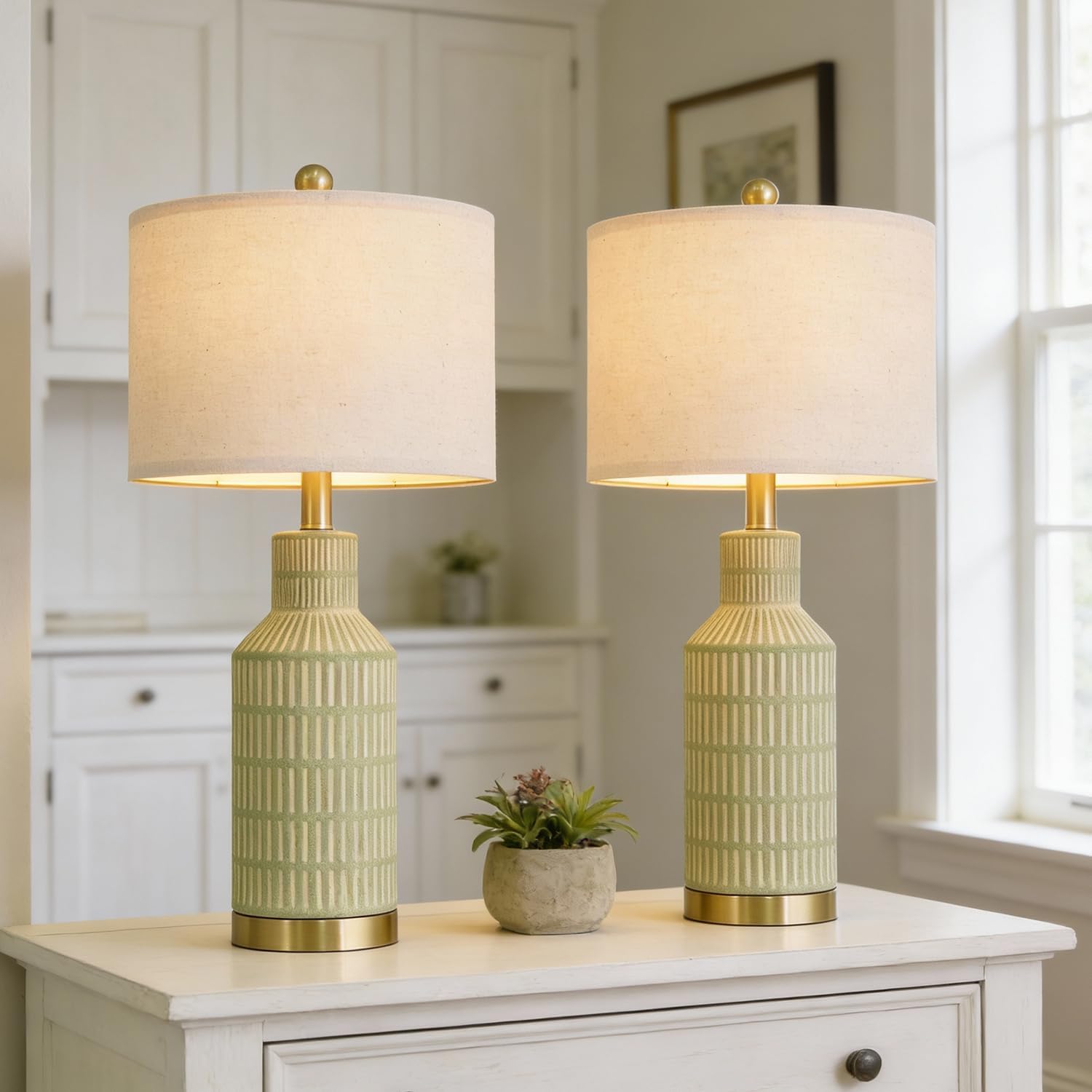 25" Table Lamps Set of 2 - Modern Bedside Lamps for Living Room - White Washed Ceramic Nightstand Lamps for Bedroom