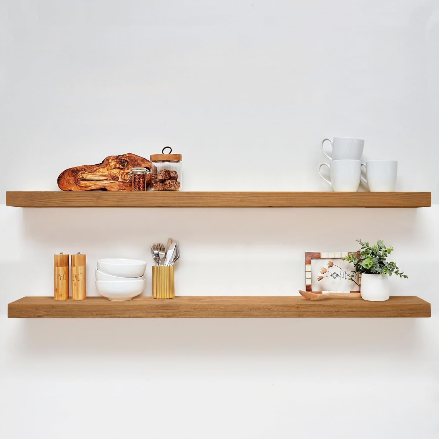 Homeforia Floating 60 inch Oak Shelves, High End Solid Real Wood 60inch Floating Shelf for Wall Mounted, Honey Oak Wooden 60in Large Floating Shelves, Heavy Duty Bracket, 60 X 6.5 X 1.75 in, Set of 2