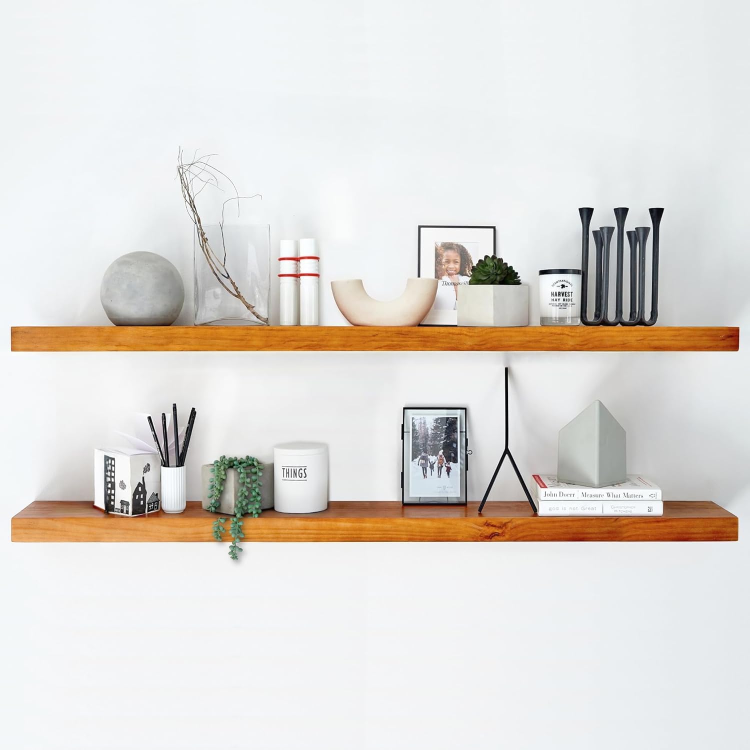 Homeforia 24inch Oak Floating Shelf for Wall, High End Solid Real Wood 24 inches Long Floating Shelves for Bathroom, Honey Oak Wooden Floating Shelves, Heavy Duty Bracket, 24 X 6.5 X 1.75 in, Set of 2