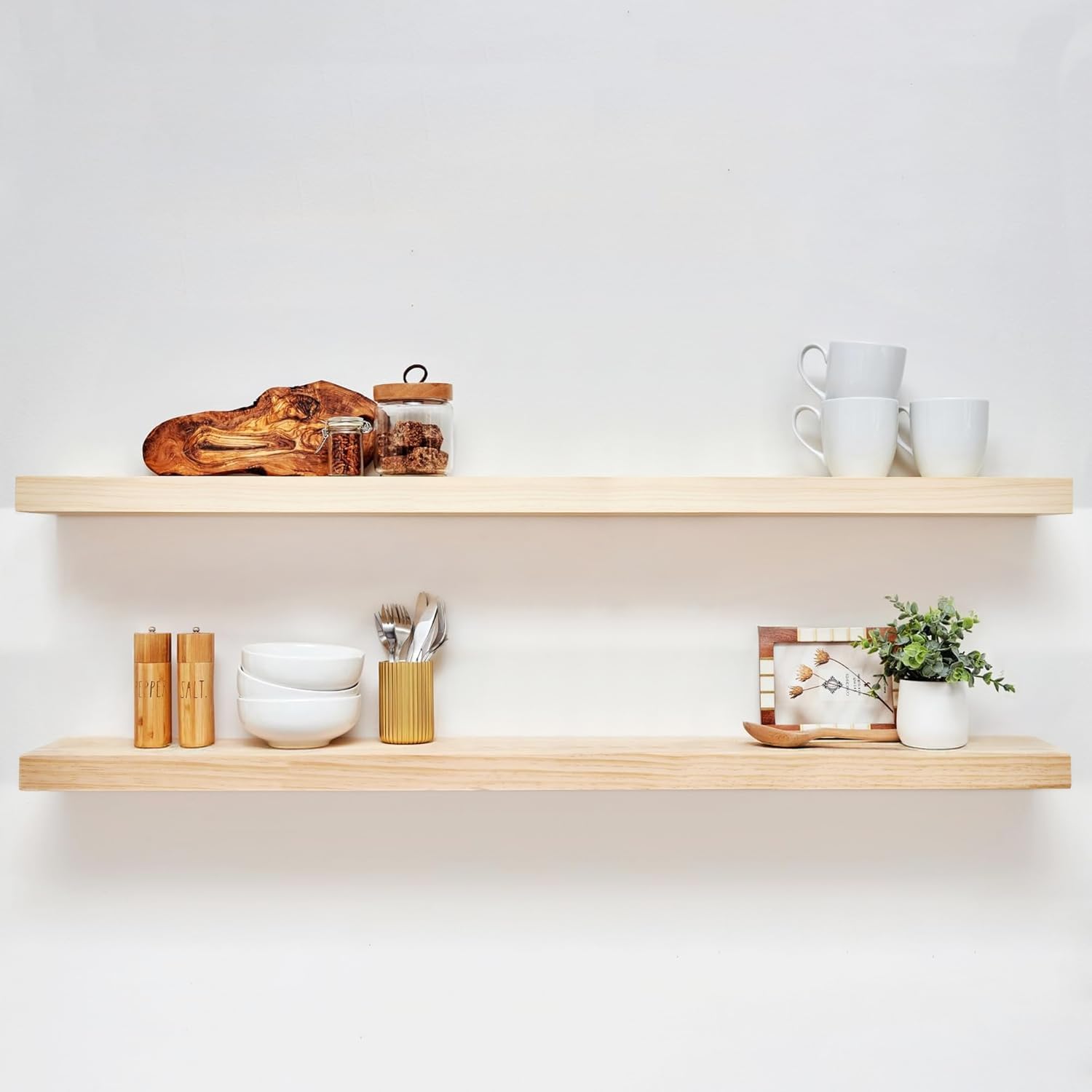 Homeforia Floating 60 inch Oak Shelves, High End Solid Real Wood 60inch Floating Shelf for Wall Mounted, Honey Oak Wooden 60in Large Floating Shelves, Heavy Duty Bracket, 60 X 6.5 X 1.75 in, Set of 2
