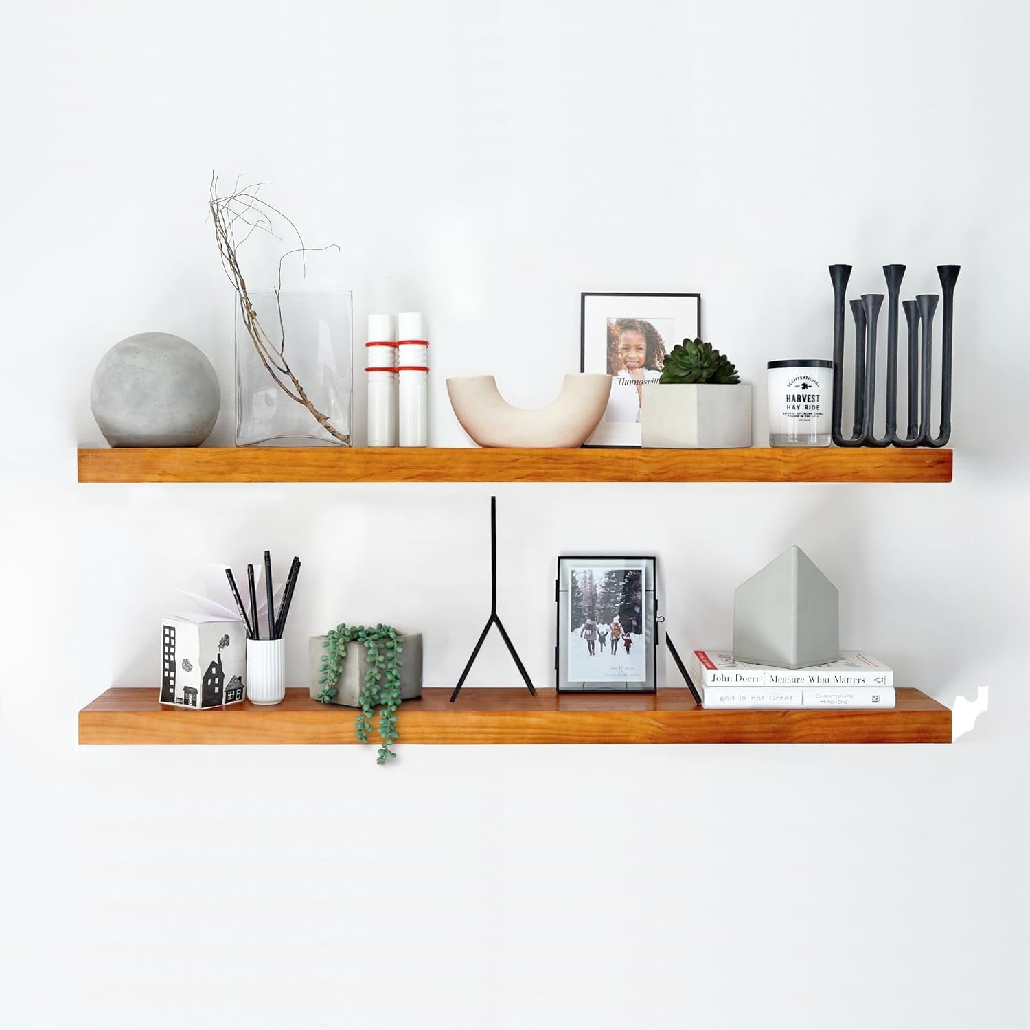 Homeforia Floating 60 inch Oak Shelves, High End Solid Real Wood 60inch Floating Shelf for Wall Mounted, Honey Oak Wooden 60in Large Floating Shelves, Heavy Duty Bracket, 60 X 6.5 X 1.75 in, Set of 2