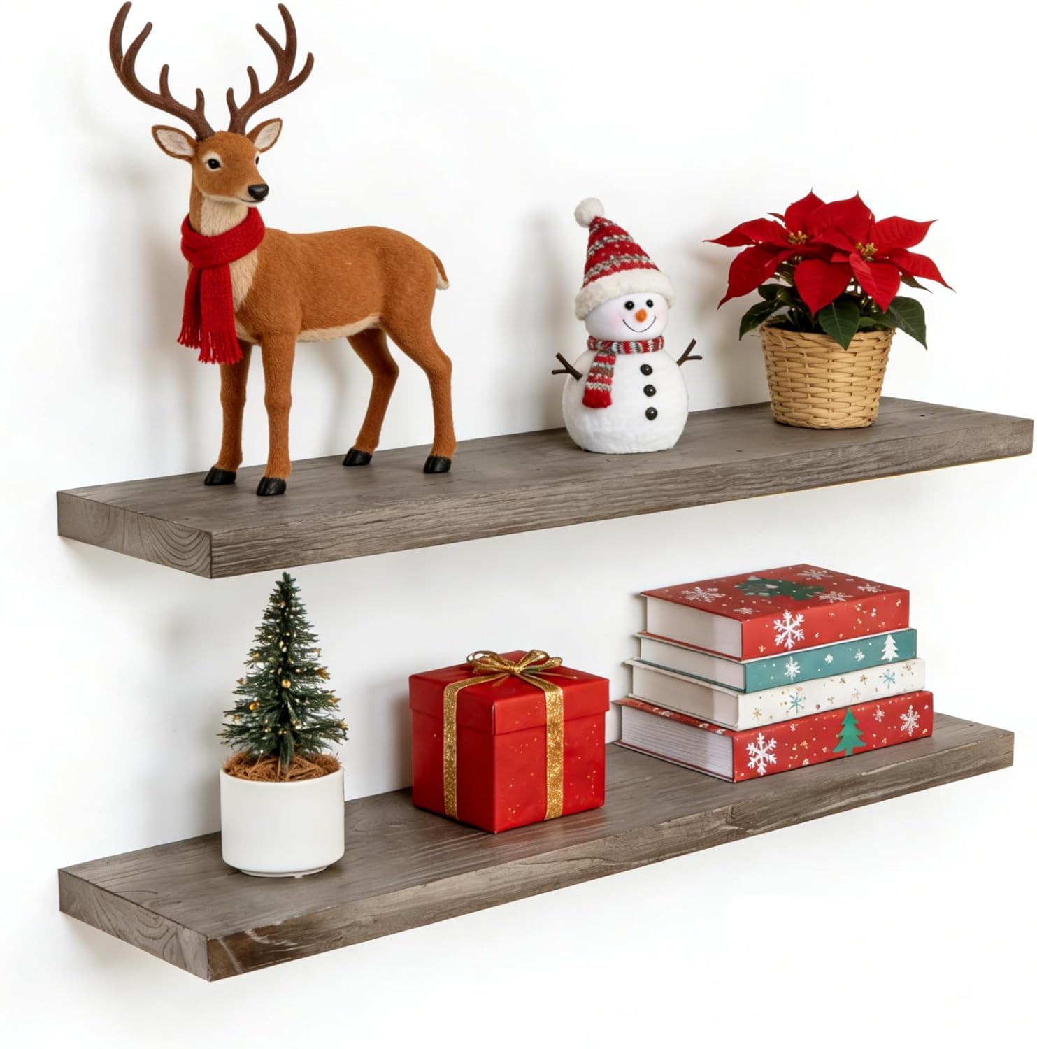 Floating Shelves for Wall, 36"x9.3" Rustic Solid Live-Edge Elm Wood Wall Shelves, Heavy-Duty Floating Shelves with Invisible Brackets, Set of 2 for Living Room, Bedroom, and Kitchen, Natural Finish