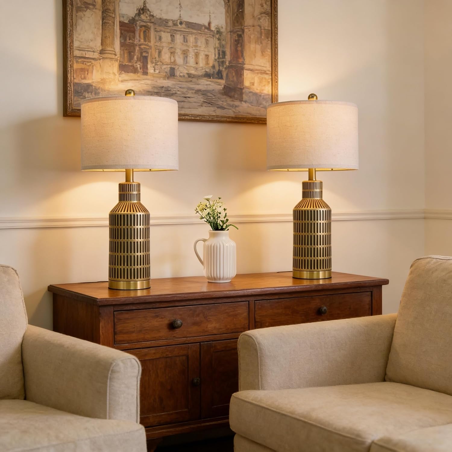 25" Table Lamps Set of 2 - Modern Bedside Lamps for Living Room - White Washed Ceramic Nightstand Lamps for Bedroom