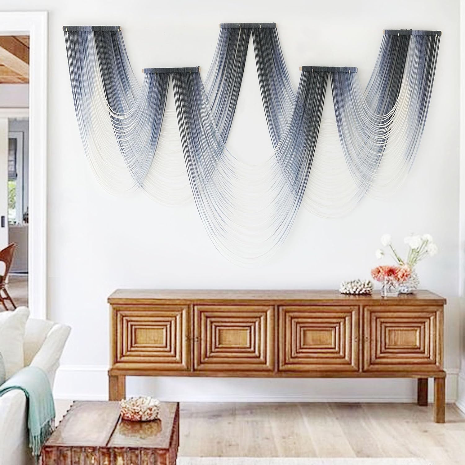 Macrame Wall Hanging Dip-Dyed Large Macrame Wall Decor Yarn Tapestry 57" W x 41" L For Headboard Bedroom Living Room Boho Fiber Home Art