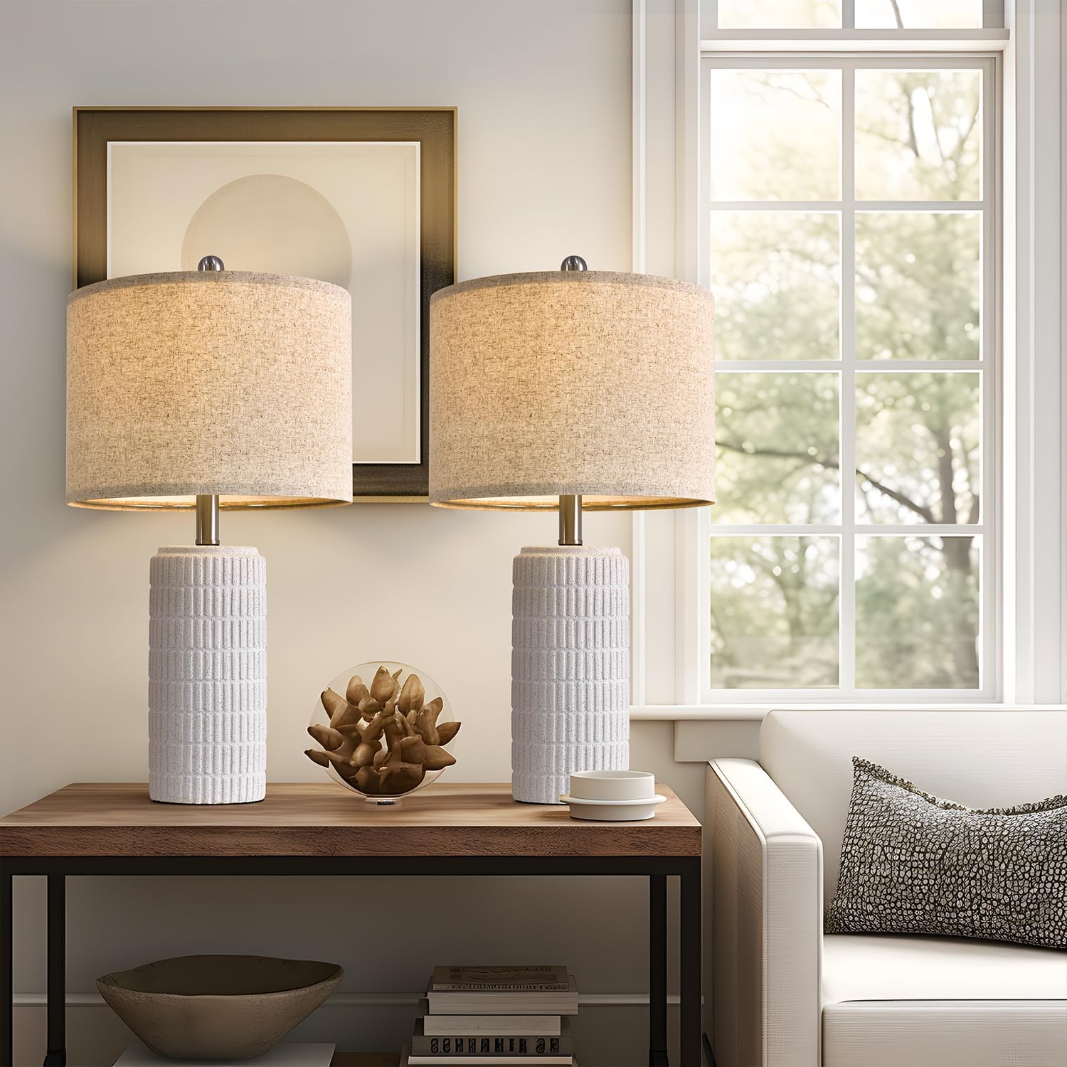 PoKat 23" Modern Ceramic Table Lamp Set of 2 for Living Room White Desk Lamps for Bedroom Farmhouse Bedside Nightstand Lamp House Warming Gifts New Home Decor End Table Lamps Gifts for Women Mom Beige