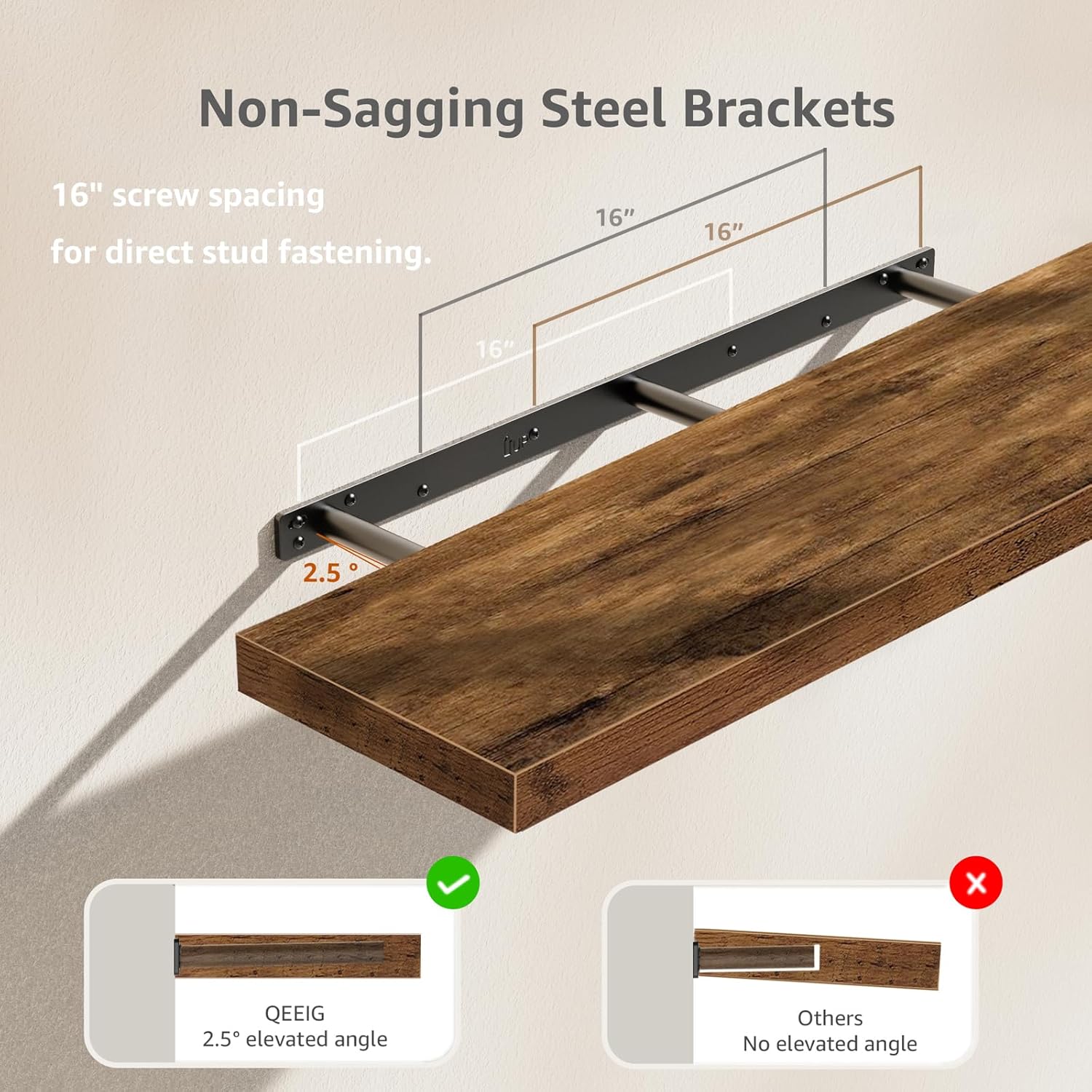 QEEIG Floating Shelves for Wall 35.4" Long - Wall Mounted Shelf Bathroom Kitchen Living Room Bedroom Farmhouse Home Decor Display Bookshelf Large 35.4 x 9.3 inch Set of 2, Rustic Brown (008-90BN)