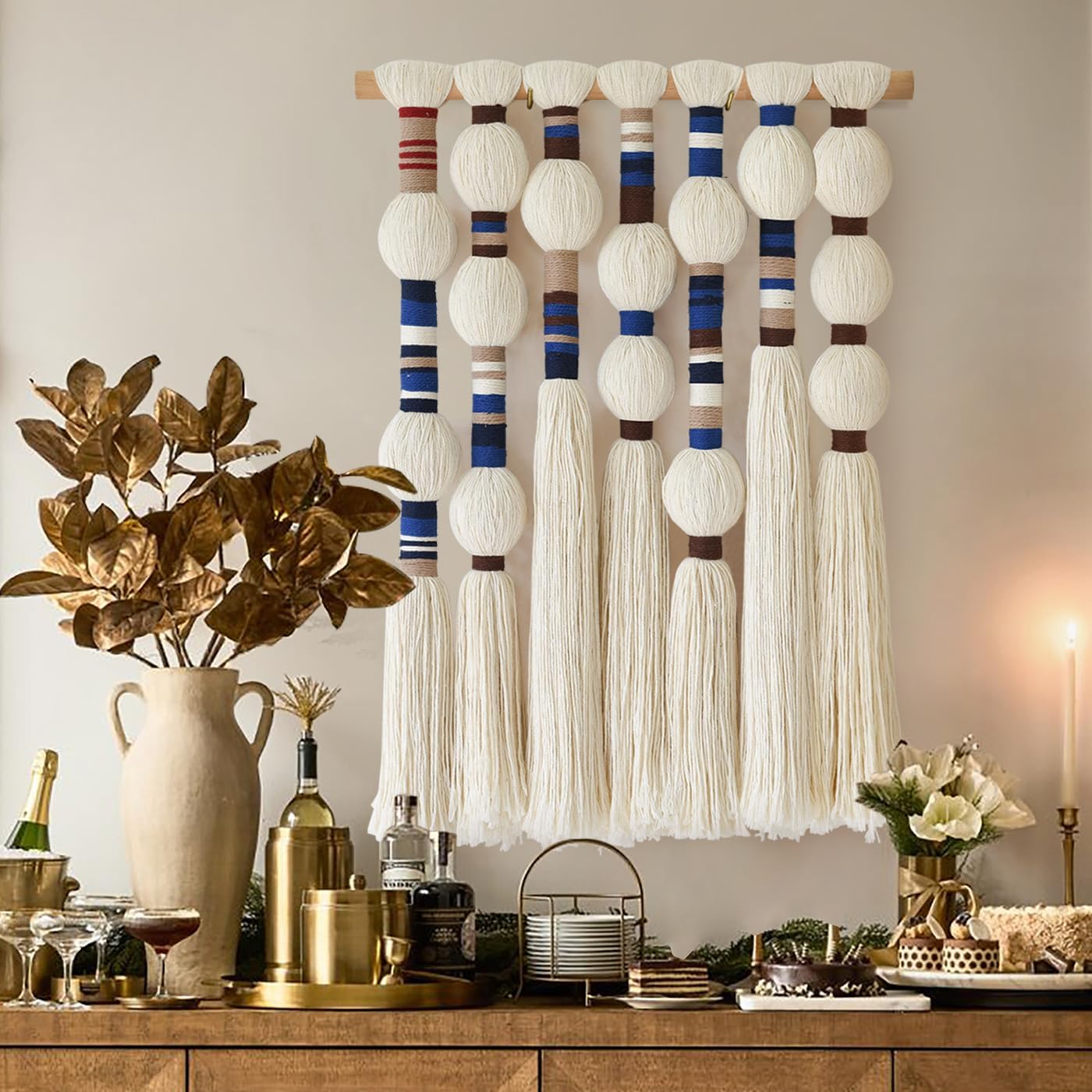 Flber Macrame Wall Hanging Woven Knot and Tassel Fringe Handmade Boho Wall Art for Bedroom, Living Room, or Entryway Decor 27" W x 29" L