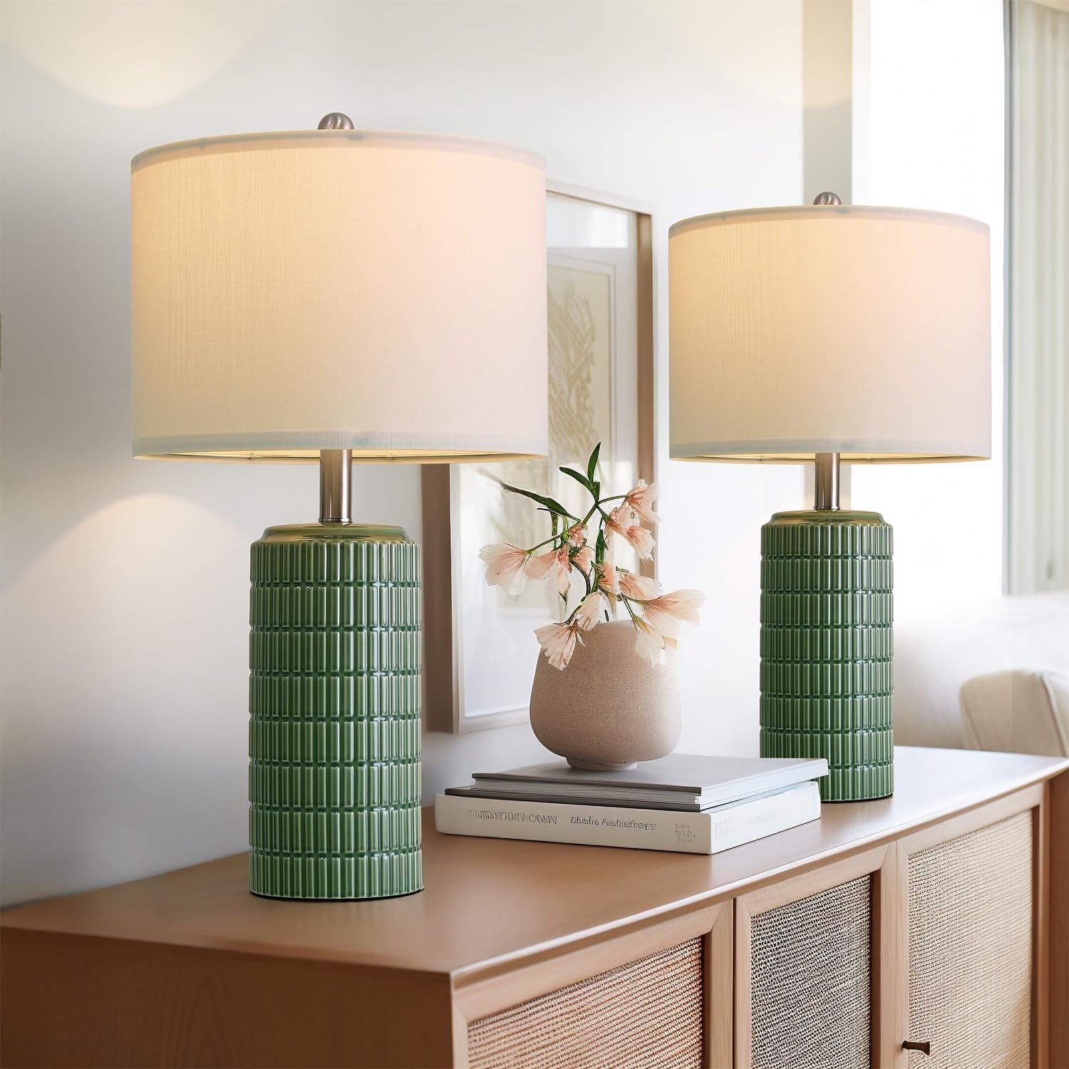 PoKat 23" Modern Ceramic Table Lamp Set of 2 for Living Room White Desk Lamps for Bedroom Farmhouse Bedside Nightstand Lamp House Warming Gifts New Home Decor End Table Lamps Gifts for Women Mom Beige