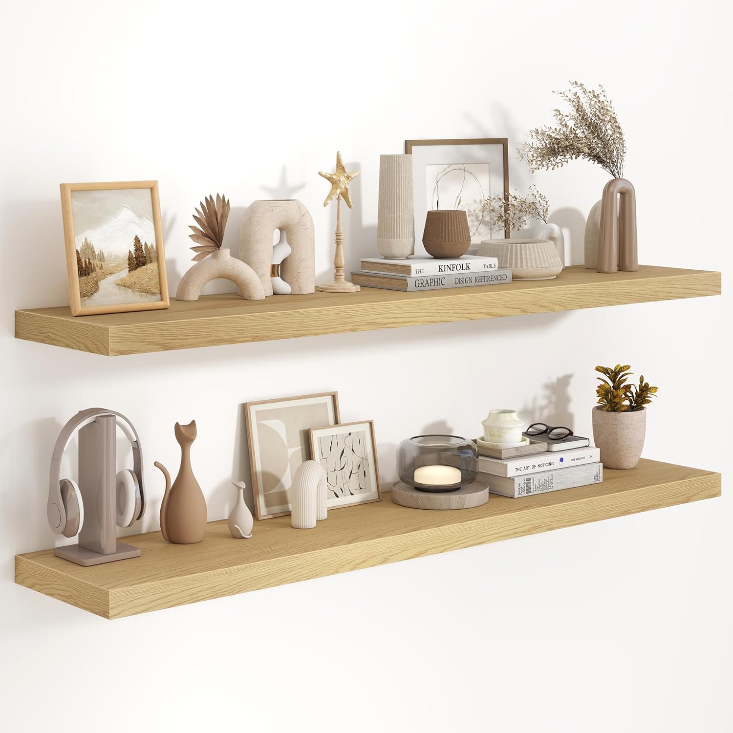 Fun Memories 36 Inch Long Floating Shelves for Wall, 9.3 Inch Deep Floating Shelf, 2 Packs Long Shelves for Bathroom, Living Room, Bedroom, Wall Mounted Storage Shelf for Books Decor, Rustic Brown