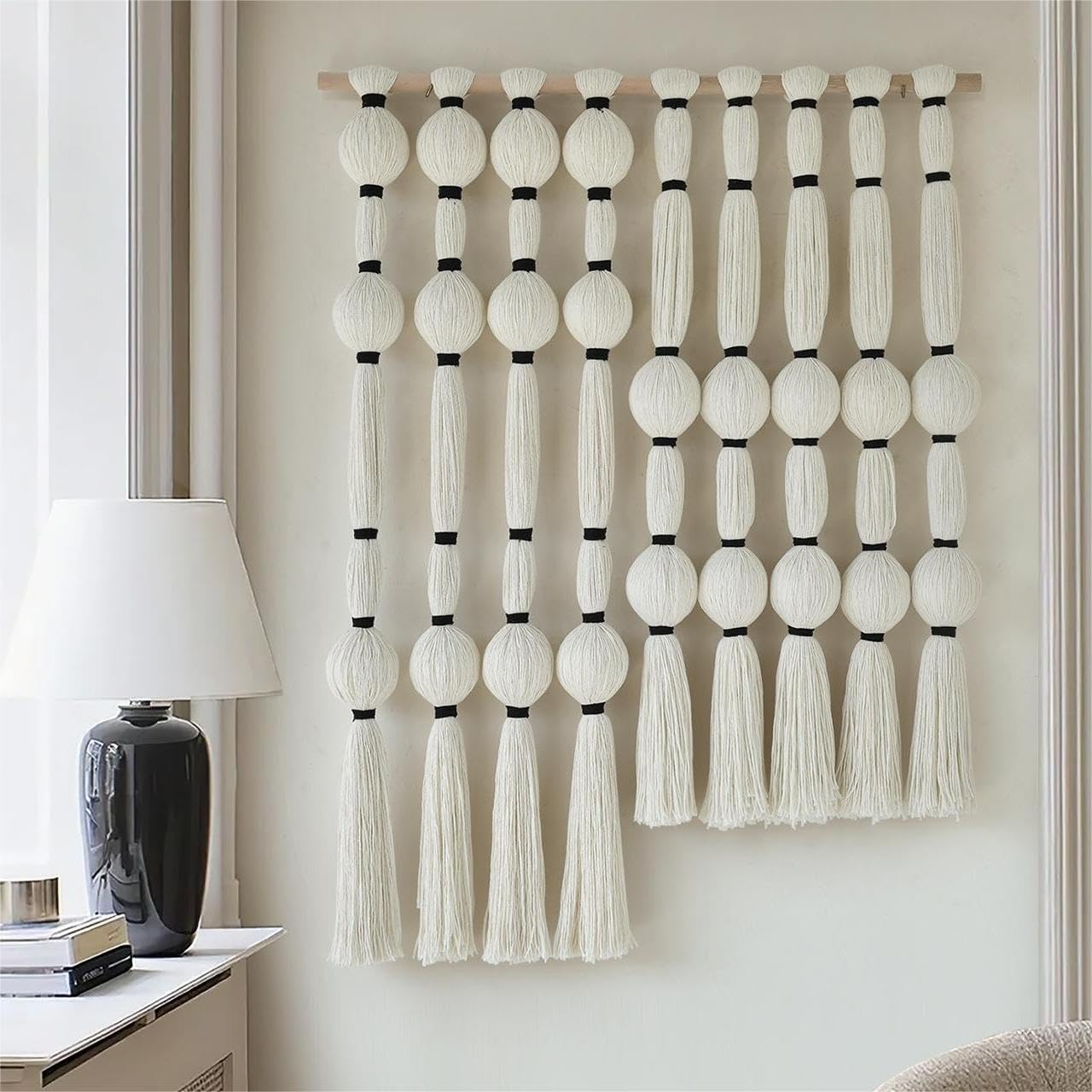 Flber Macrame Wall Hanging Woven Knot and Tassel Fringe Handmade Boho Wall Art for Bedroom, Living Room, or Entryway Decor 27" W x 29" L