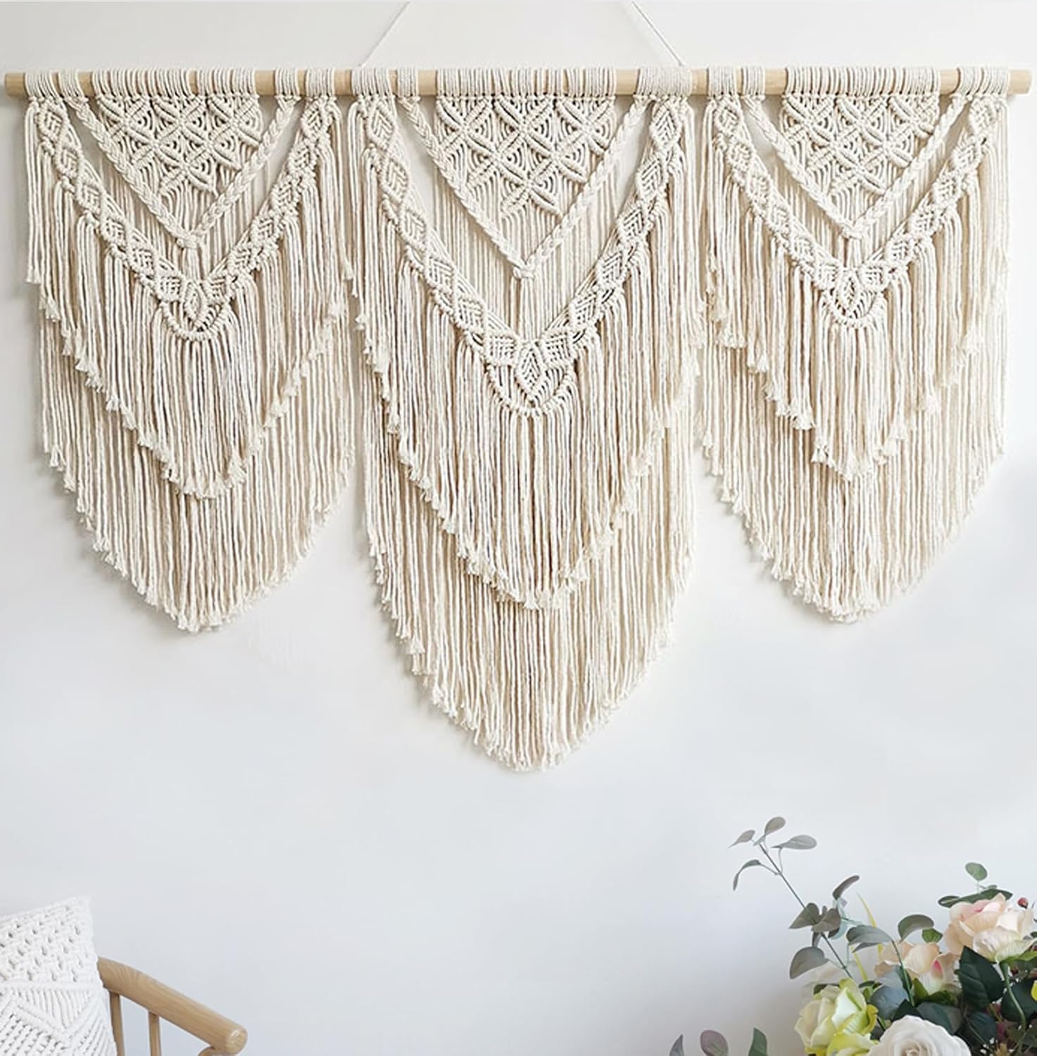 Achart Macrame Wall Hanging Large- Boho Wall Decor- large wall art- Wall Decor Living Room- Macrame Tapestry Boho Decor for Bedroom (Wooden Bead)