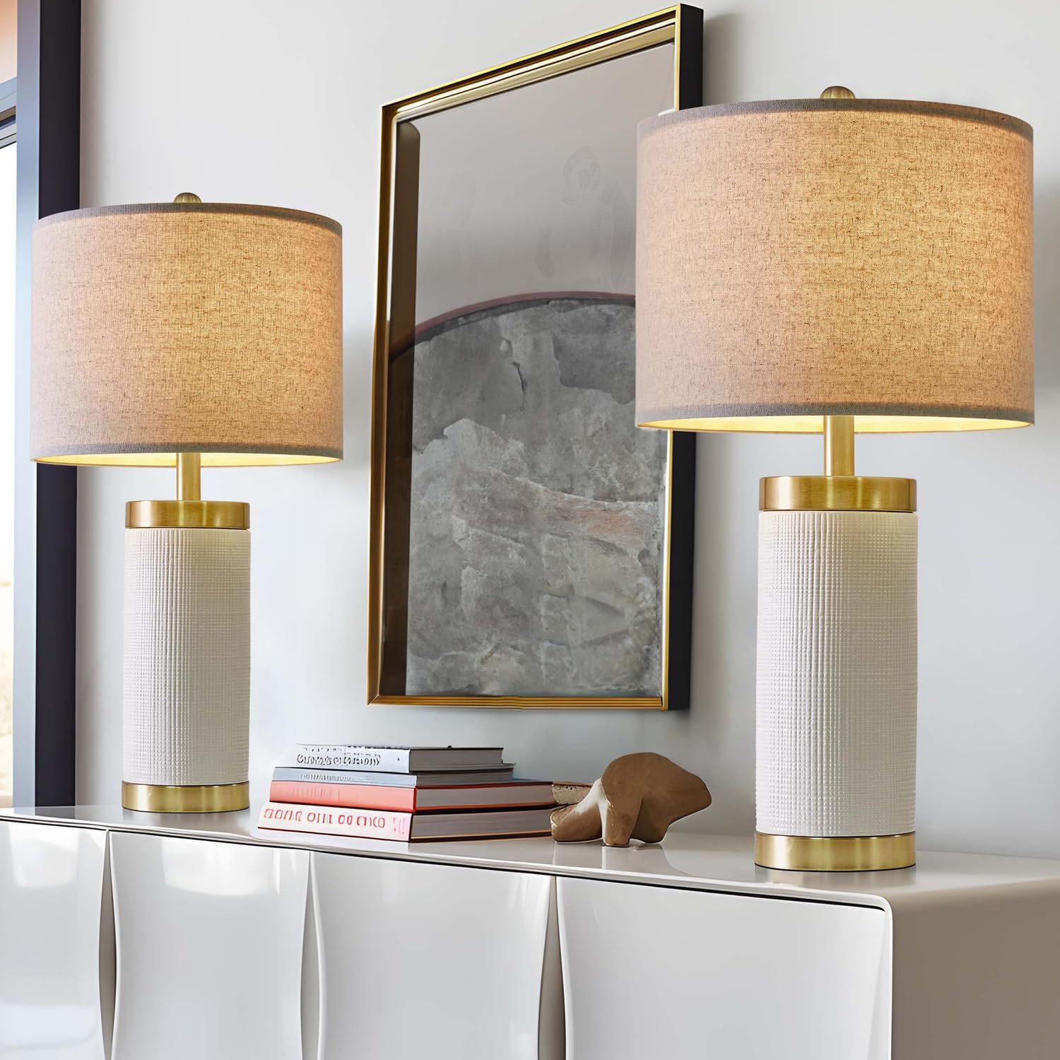 25" Table Lamps Set of 2 - Modern Bedside Lamps for Living Room - White Washed Ceramic Nightstand Lamps for Bedroom