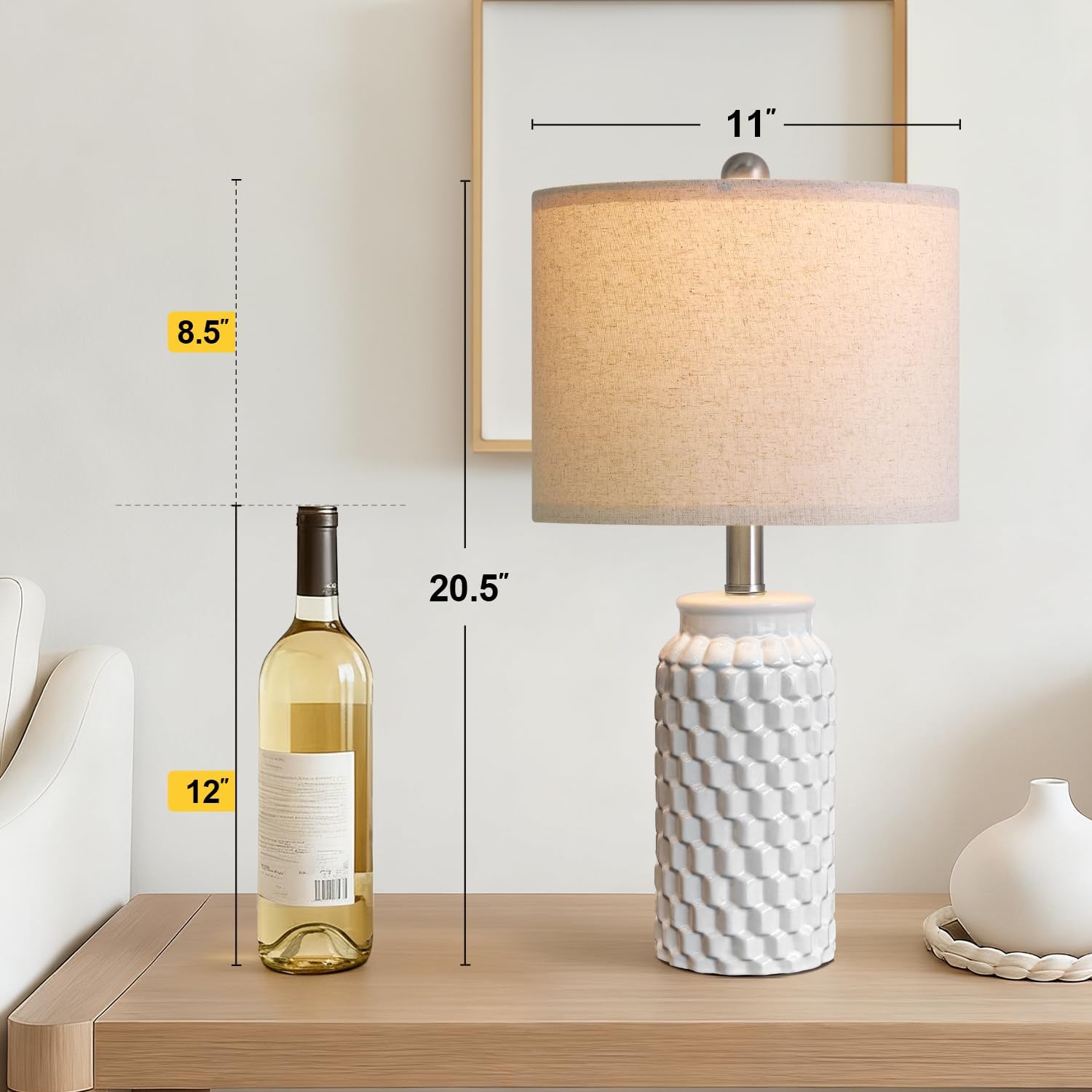 20.5" White Modern Ceramic Bedside Lamp Set of 2 for Bedroom Decor Farmhouse Table Lamp for Living Room Office Dorm