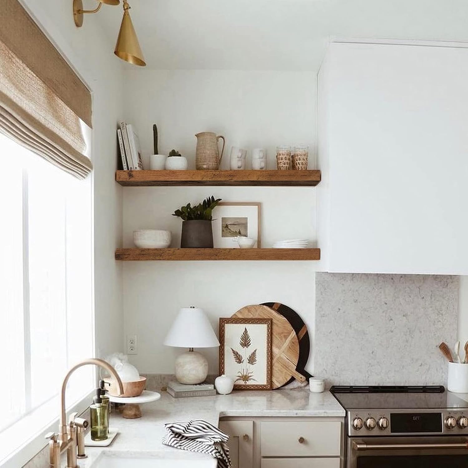 QEEIG Floating Shelves for Wall 35.4" Long - Wall Mounted Shelf Bathroom Kitchen Living Room Bedroom Farmhouse Home Decor Display Bookshelf Large 35.4 x 9.3 inch Set of 2, Rustic Brown (008-90BN)