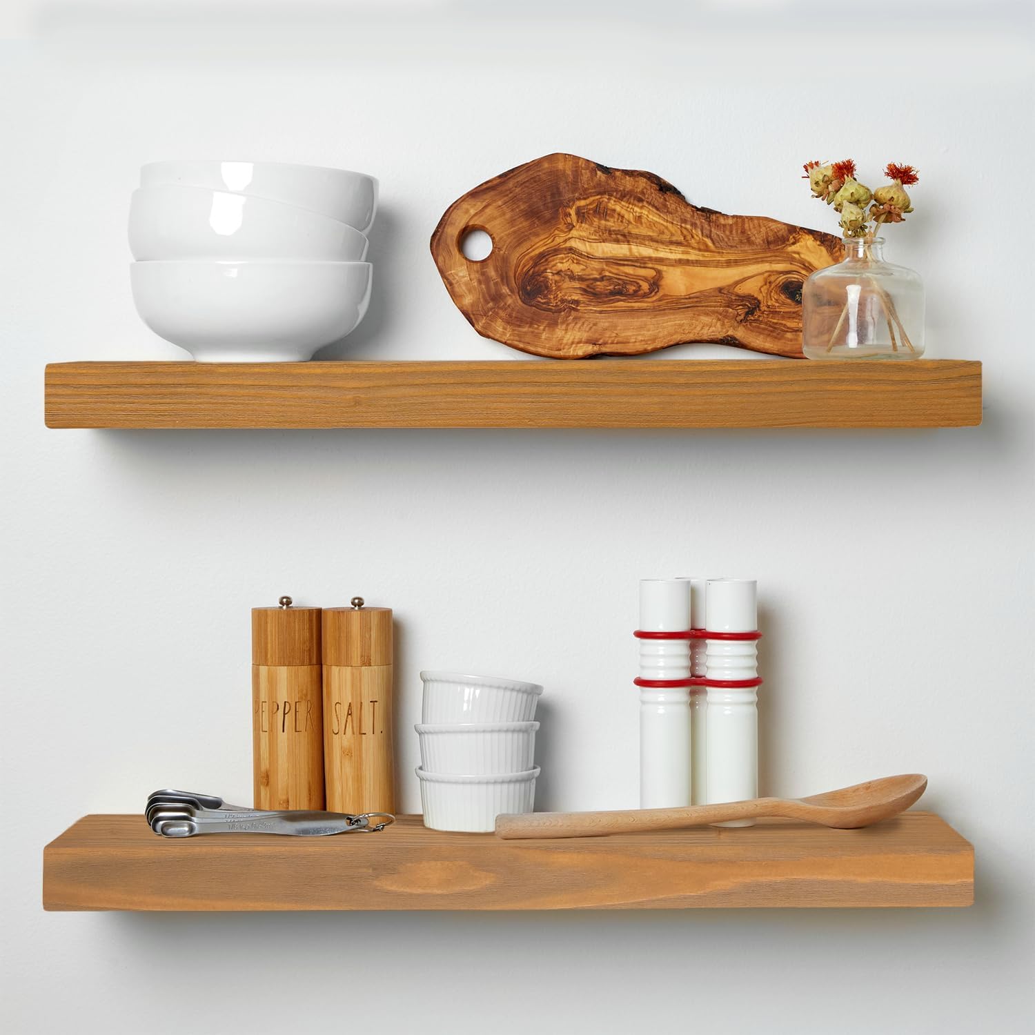 Homeforia Floating 60 inch Oak Shelves, High End Solid Real Wood 60inch Floating Shelf for Wall Mounted, Honey Oak Wooden 60in Large Floating Shelves, Heavy Duty Bracket, 60 X 6.5 X 1.75 in, Set of 2