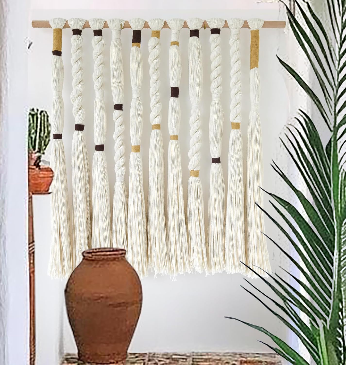Flber Macrame Wall Hanging Woven Knot and Tassel Fringe Handmade Boho Wall Art for Bedroom, Living Room, or Entryway Decor 27" W x 29" L