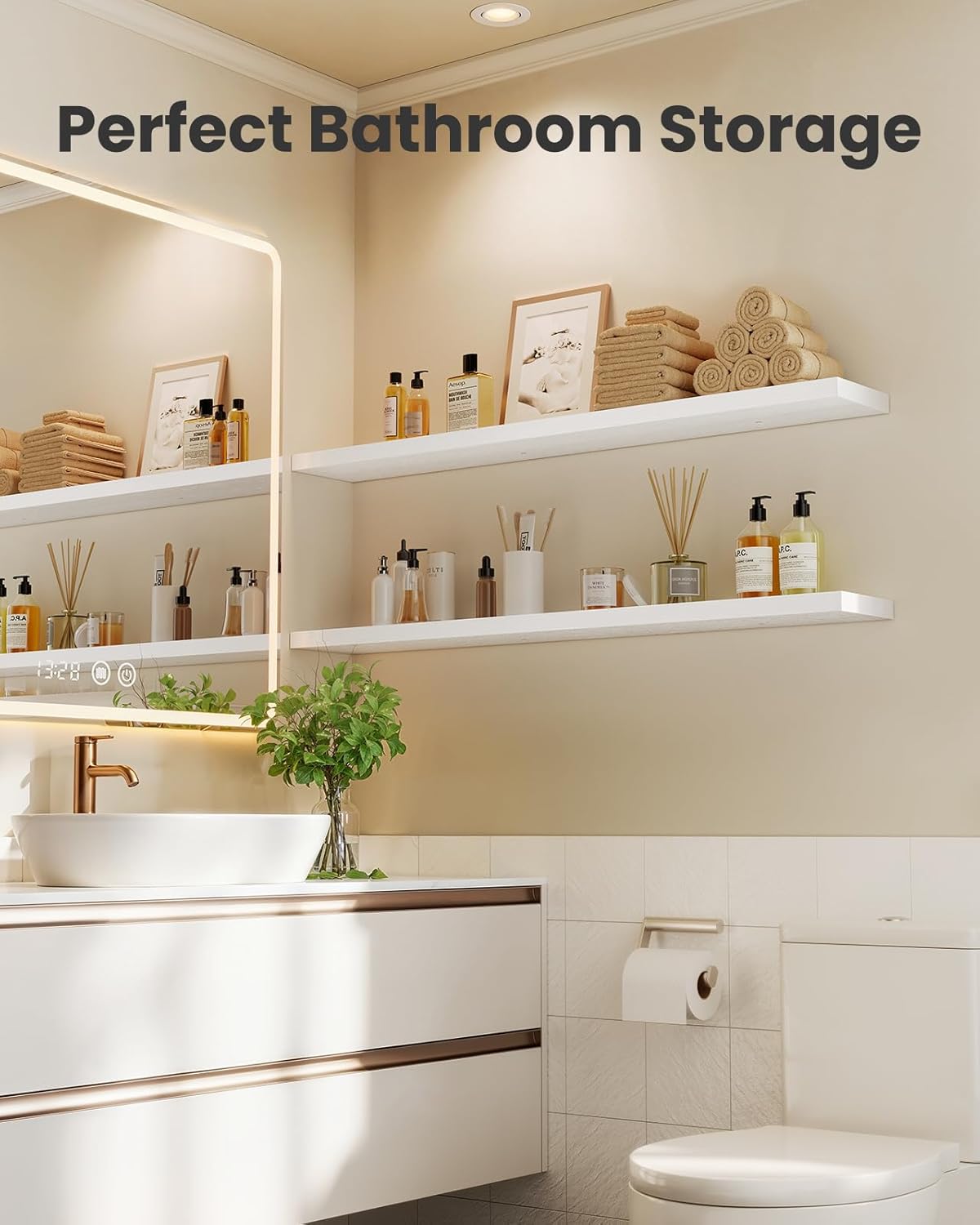 AMADA HOMEFURNISHING 35.4" L Floating Shelves, Wall Shelves Set of 3 for Bathroom/Living Room/Bedroom/Kitchen, White Floating Shelves for Wall Decor with Invisible Brackets - AMFS45W