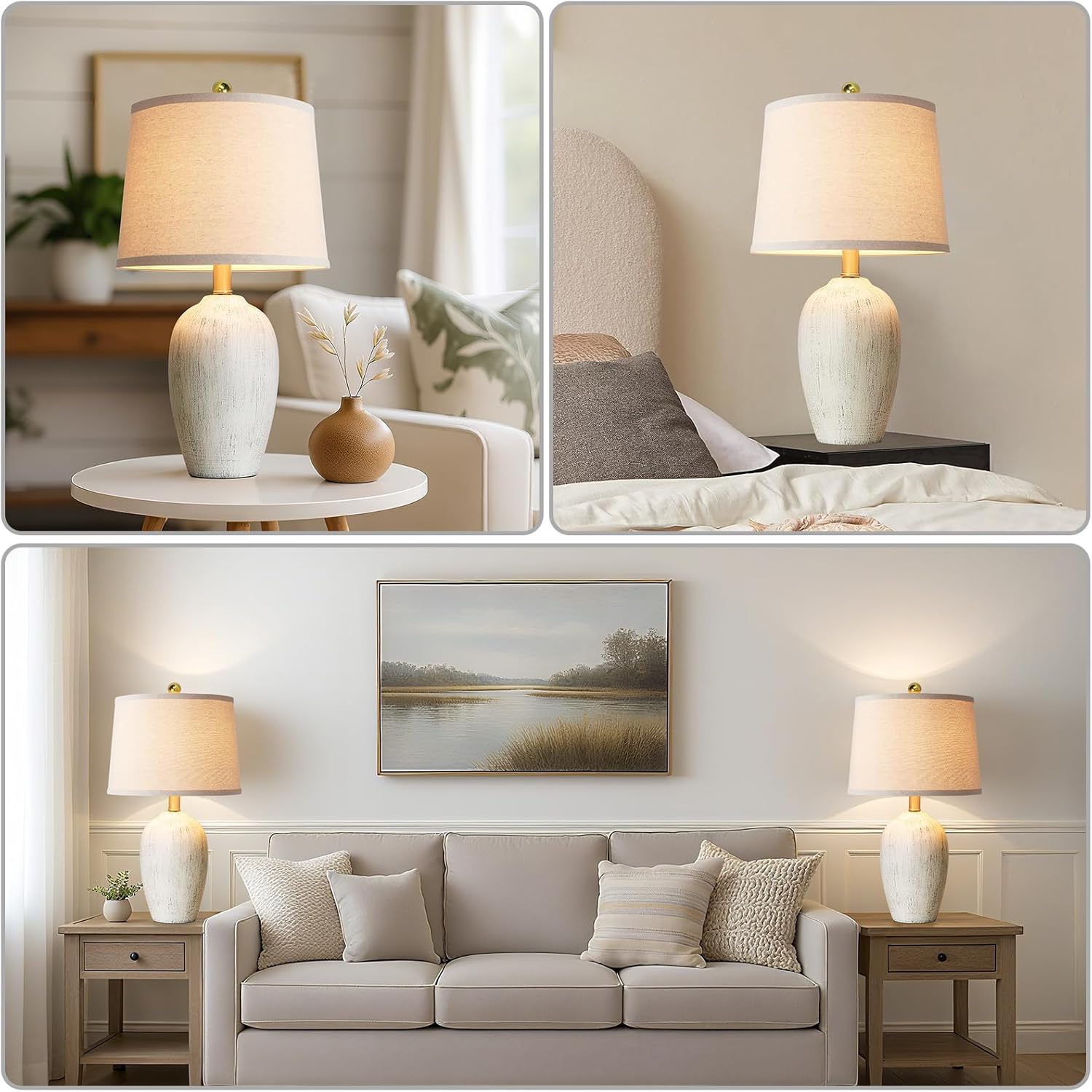 21'' Set of 2 Rustic Ceramic Small Table Lamps for Living Room Bedroom, Farmhouse Vintage Nightstand Lamps for Office Entryway End Table, 2 Bulbs Included