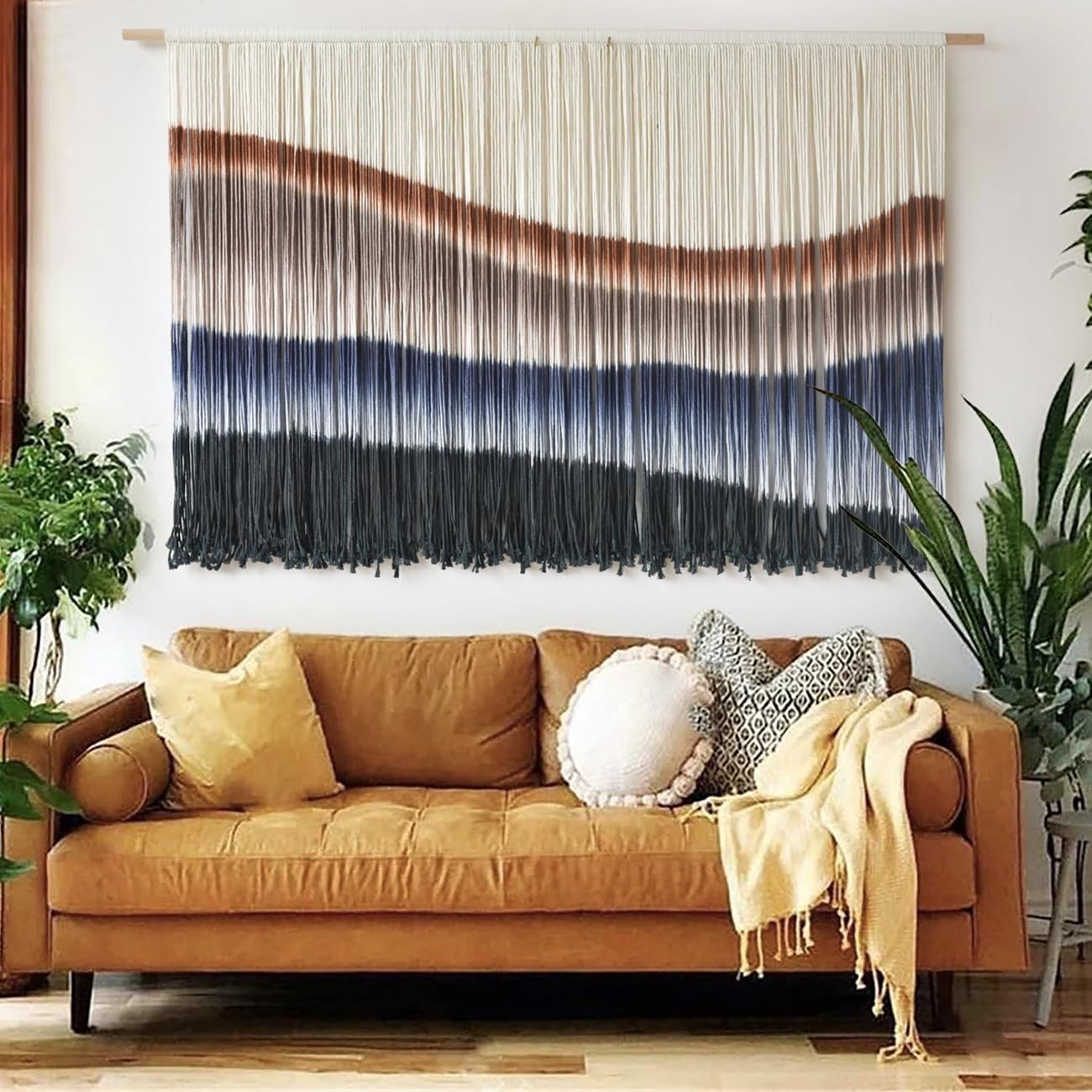 Flber Macrame Wall Hanging Macrame Wall Decor Large-Scale Tie-Dye Tapestry Living Home Room Wall Decor 57" Wx 35" L