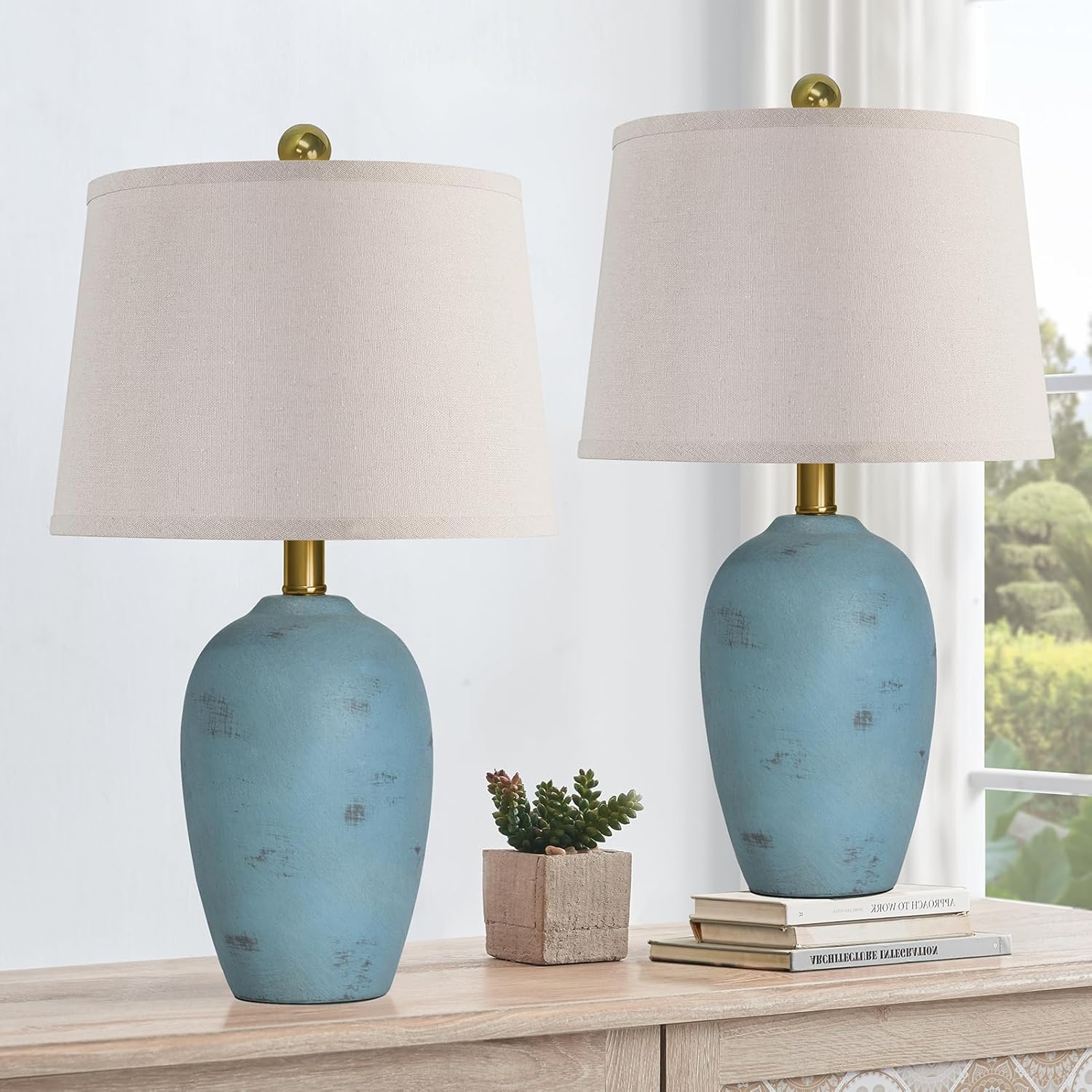 21'' Set of 2 Rustic Ceramic Small Table Lamps for Living Room Bedroom, Farmhouse Vintage Nightstand Lamps for Office Entryway End Table, 2 Bulbs Included