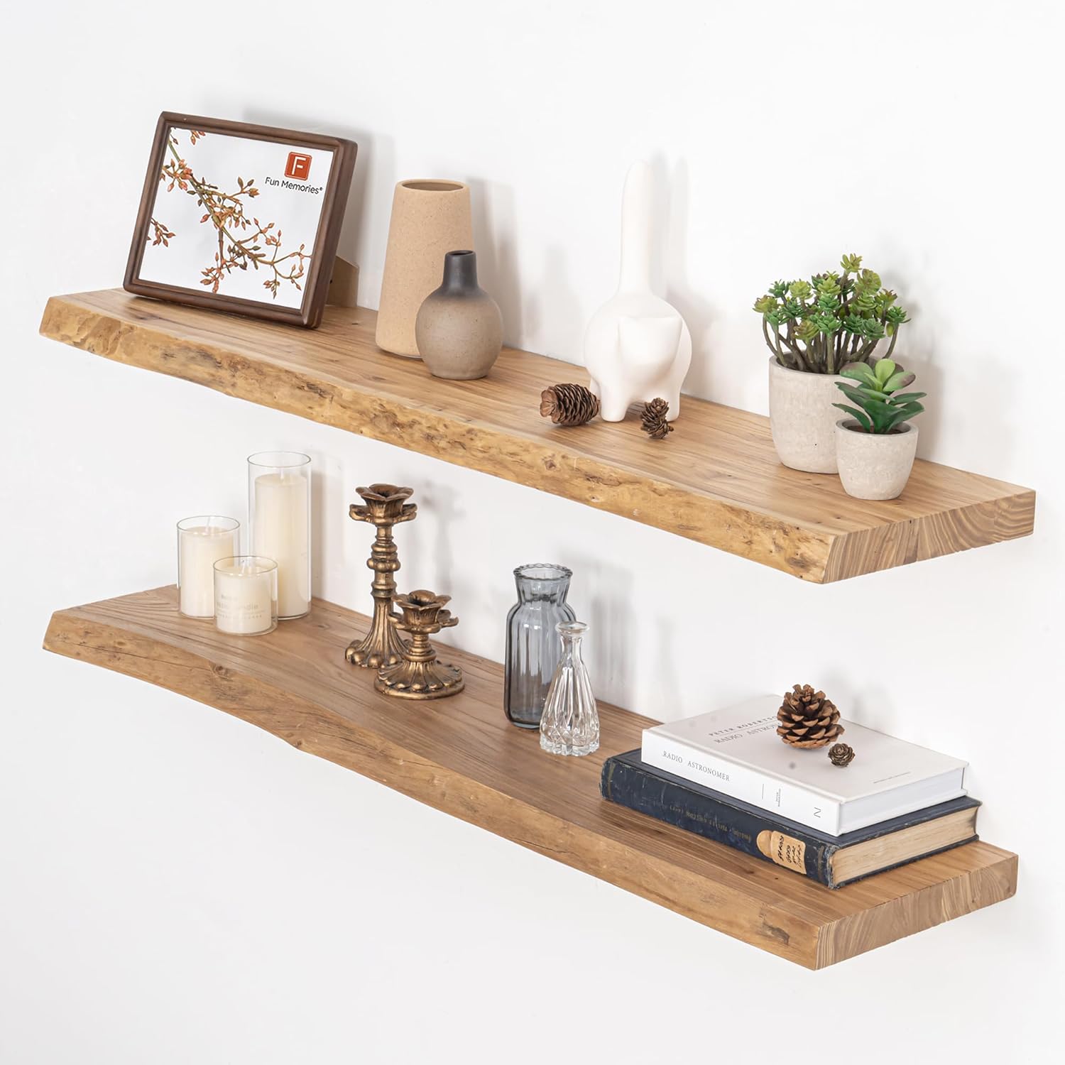 Floating Shelves for Wall, 36"x9.3" Rustic Solid Live-Edge Elm Wood Wall Shelves, Heavy-Duty Floating Shelves with Invisible Brackets, Set of 2 for Living Room, Bedroom, and Kitchen, Natural Finish