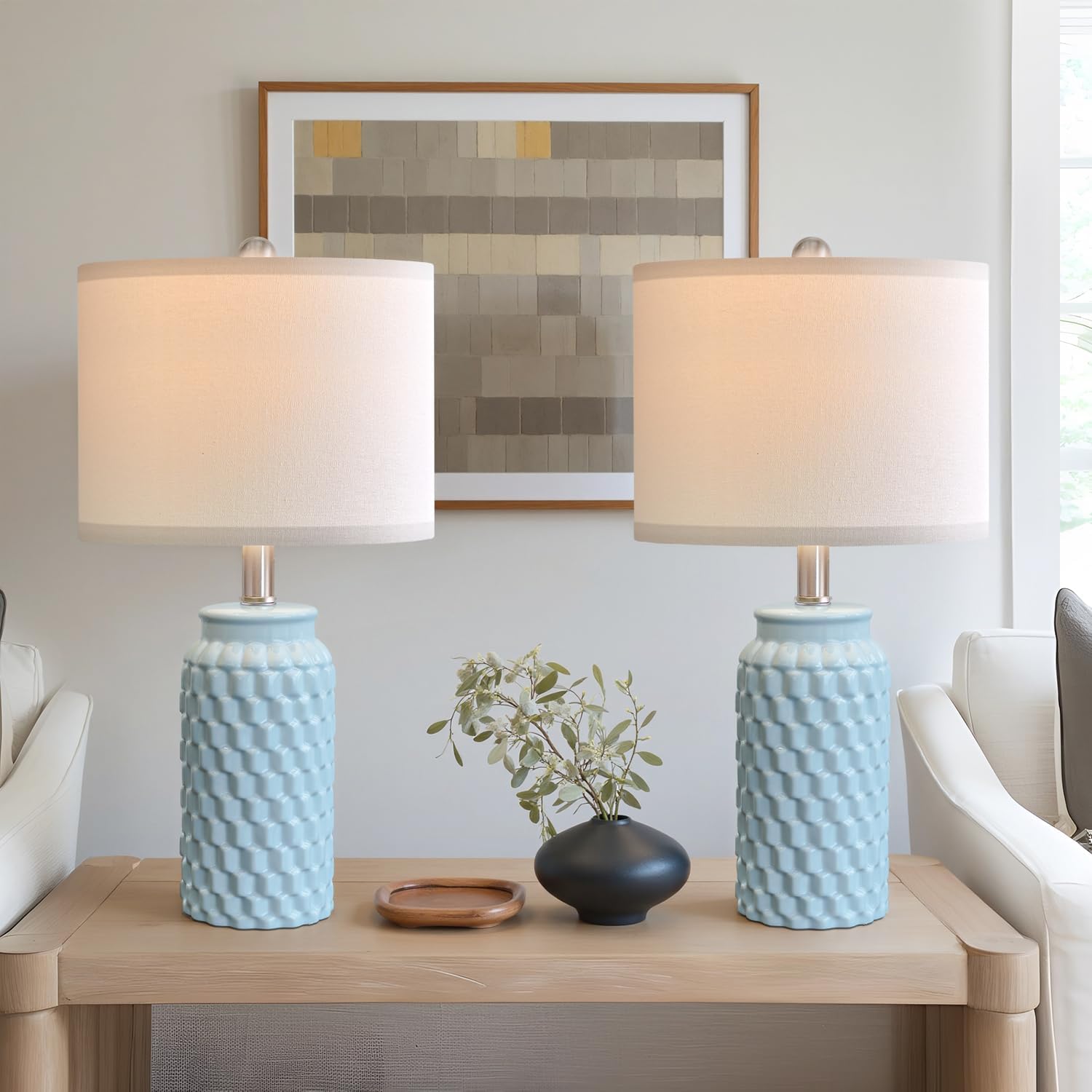 20.5" White Modern Ceramic Bedside Lamp Set of 2 for Bedroom Decor Farmhouse Table Lamp for Living Room Office Dorm