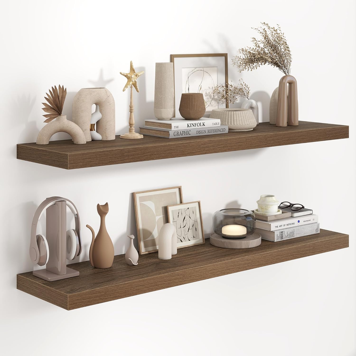 Fun Memories 36 Inch Long Floating Shelves for Wall, 9.3 Inch Deep Floating Shelf, 2 Packs Long Shelves for Bathroom, Living Room, Bedroom, Wall Mounted Storage Shelf for Books Decor, Rustic Brown