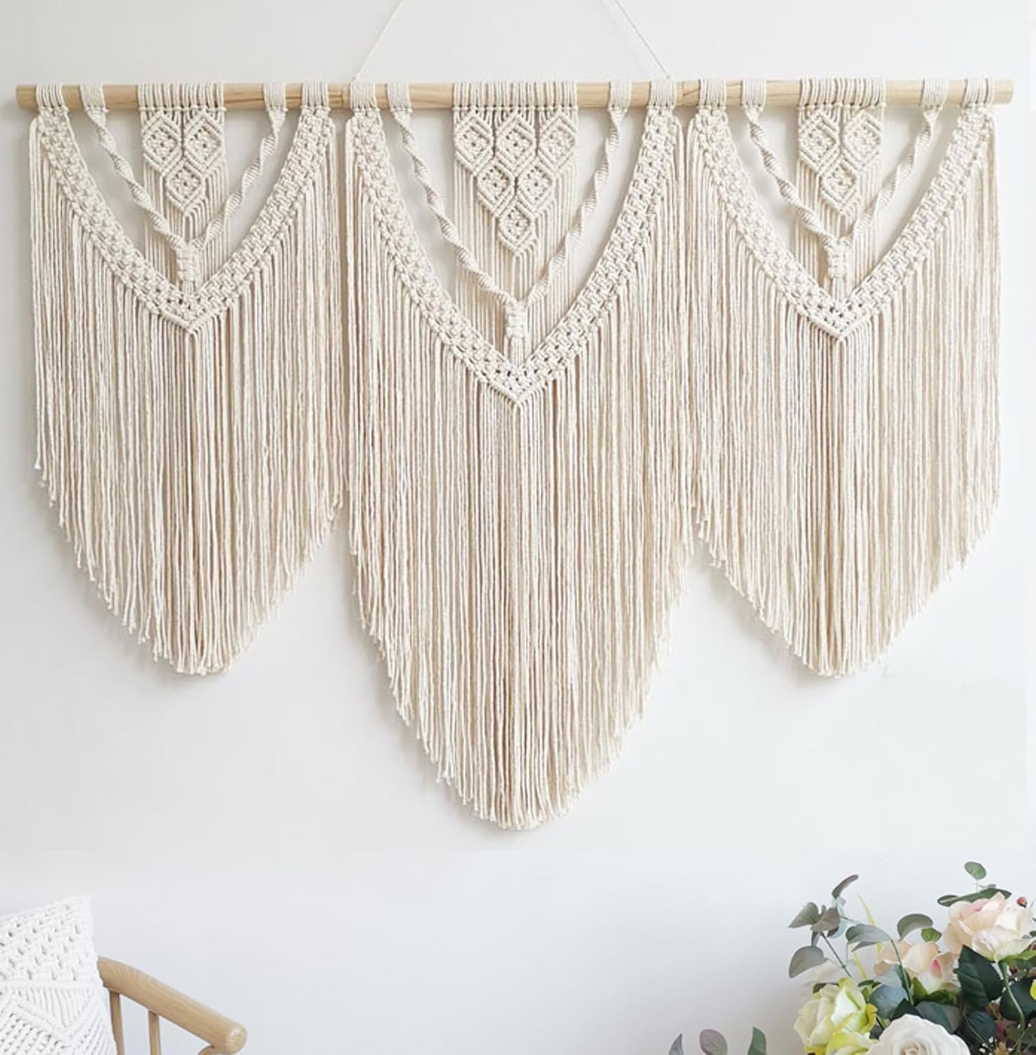 Achart Macrame Wall Hanging Large- Boho Wall Decor- large wall art- Wall Decor Living Room- Macrame Tapestry Boho Decor for Bedroom (Beige-Fringe)