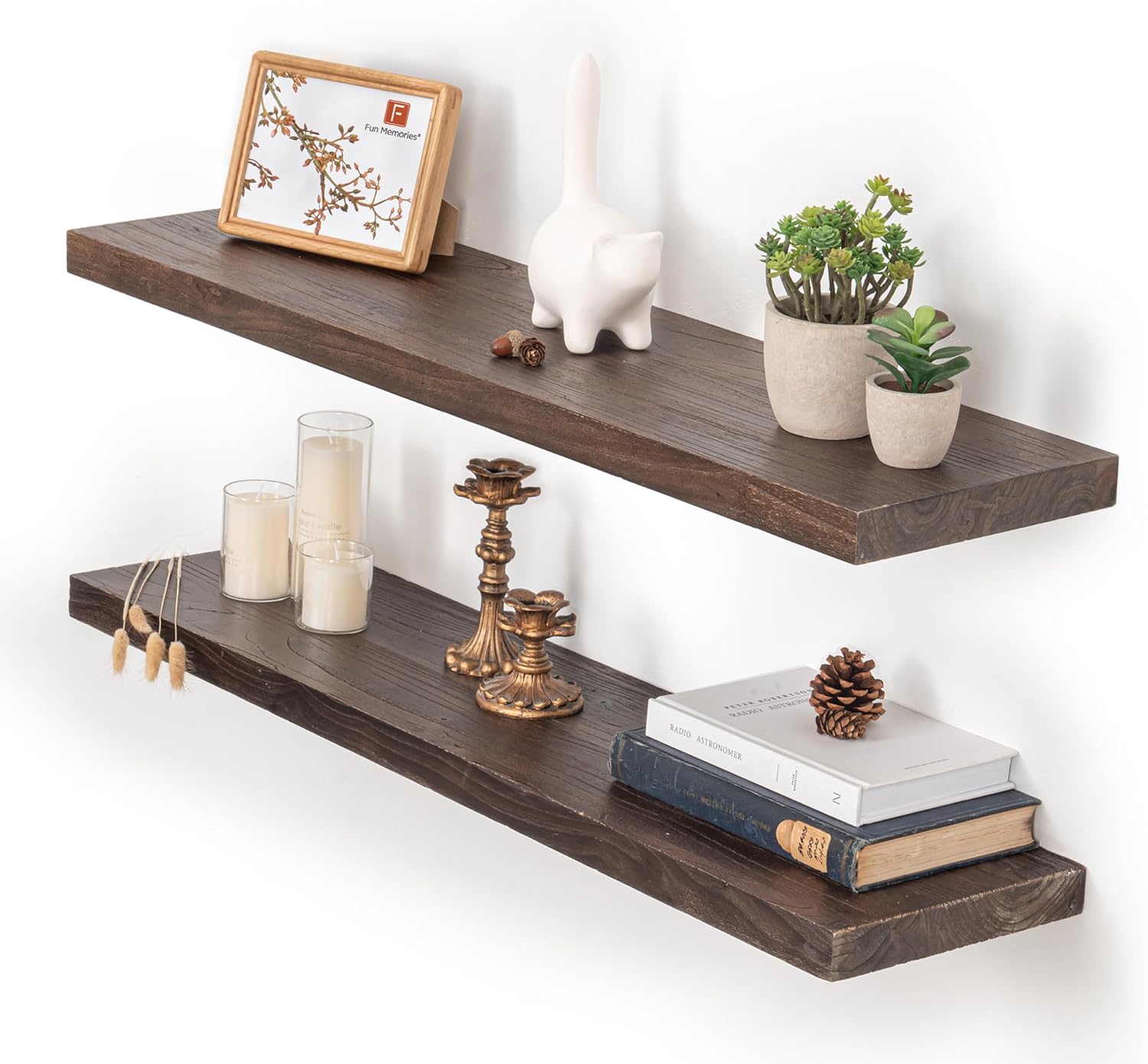 Floating Shelves for Wall, 36"x9.3" Rustic Solid Live-Edge Elm Wood Wall Shelves, Heavy-Duty Floating Shelves with Invisible Brackets, Set of 2 for Living Room, Bedroom, and Kitchen, Natural Finish