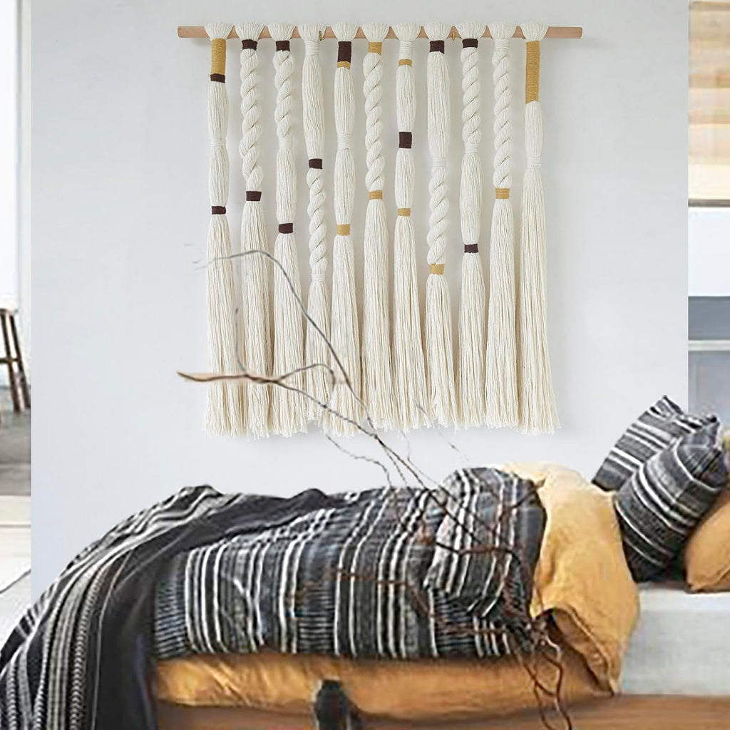 Flber Macrame Wall Hanging Woven Knot and Tassel Fringe Handmade Boho Wall Art for Bedroom, Living Room, or Entryway Decor 27" W x 29" L