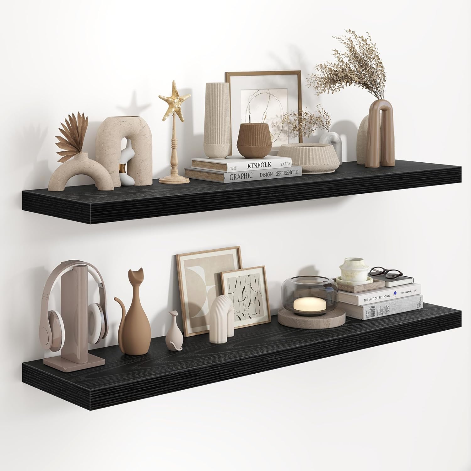 Fun Memories 36 Inch Long Floating Shelves for Wall, 9.3 Inch Deep Floating Shelf, 2 Packs Long Shelves for Bathroom, Living Room, Bedroom, Wall Mounted Storage Shelf for Books Decor, Rustic Brown