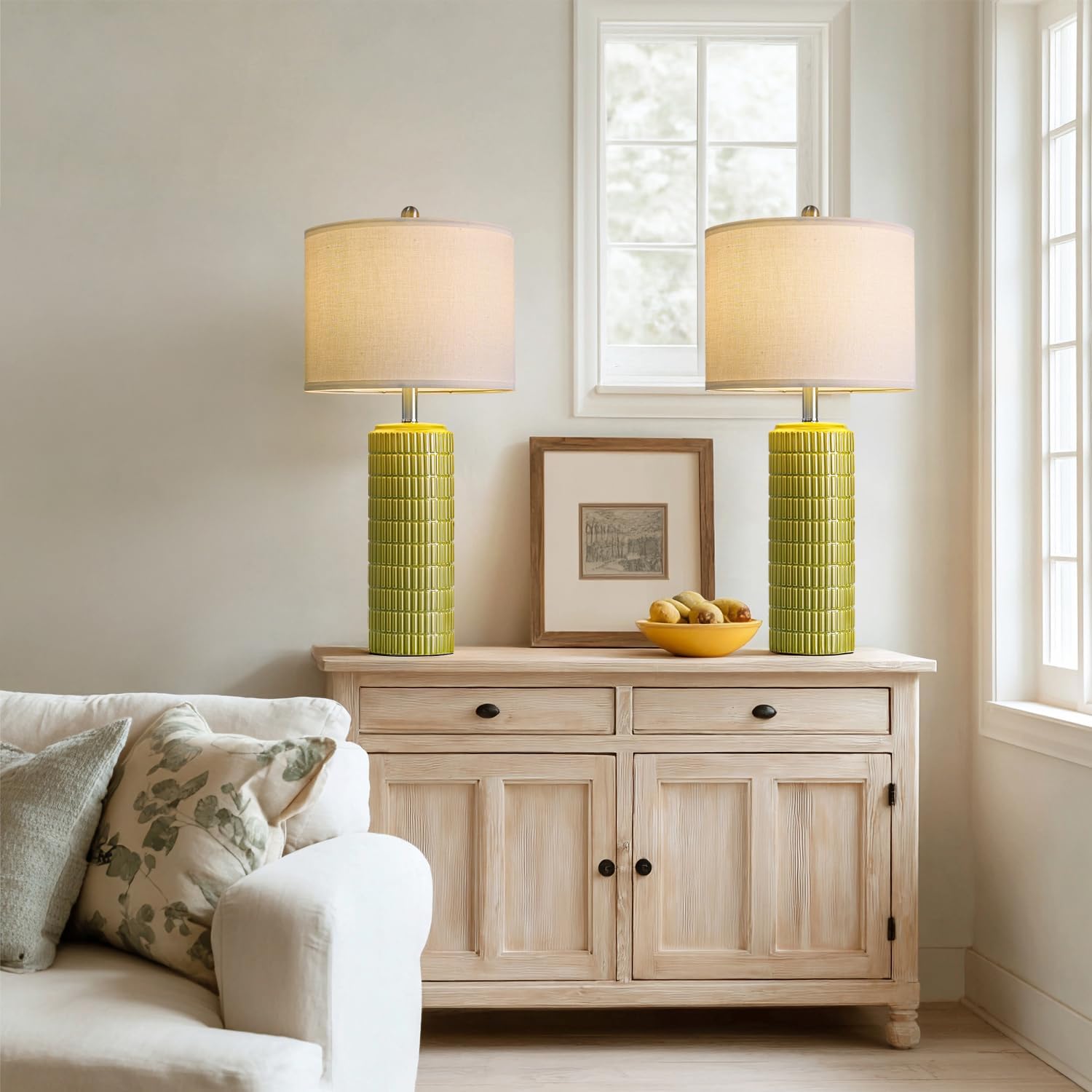 PoKat 23" Modern Ceramic Table Lamp Set of 2 for Living Room White Desk Lamps for Bedroom Farmhouse Bedside Nightstand Lamp House Warming Gifts New Home Decor End Table Lamps Gifts for Women Mom Beige