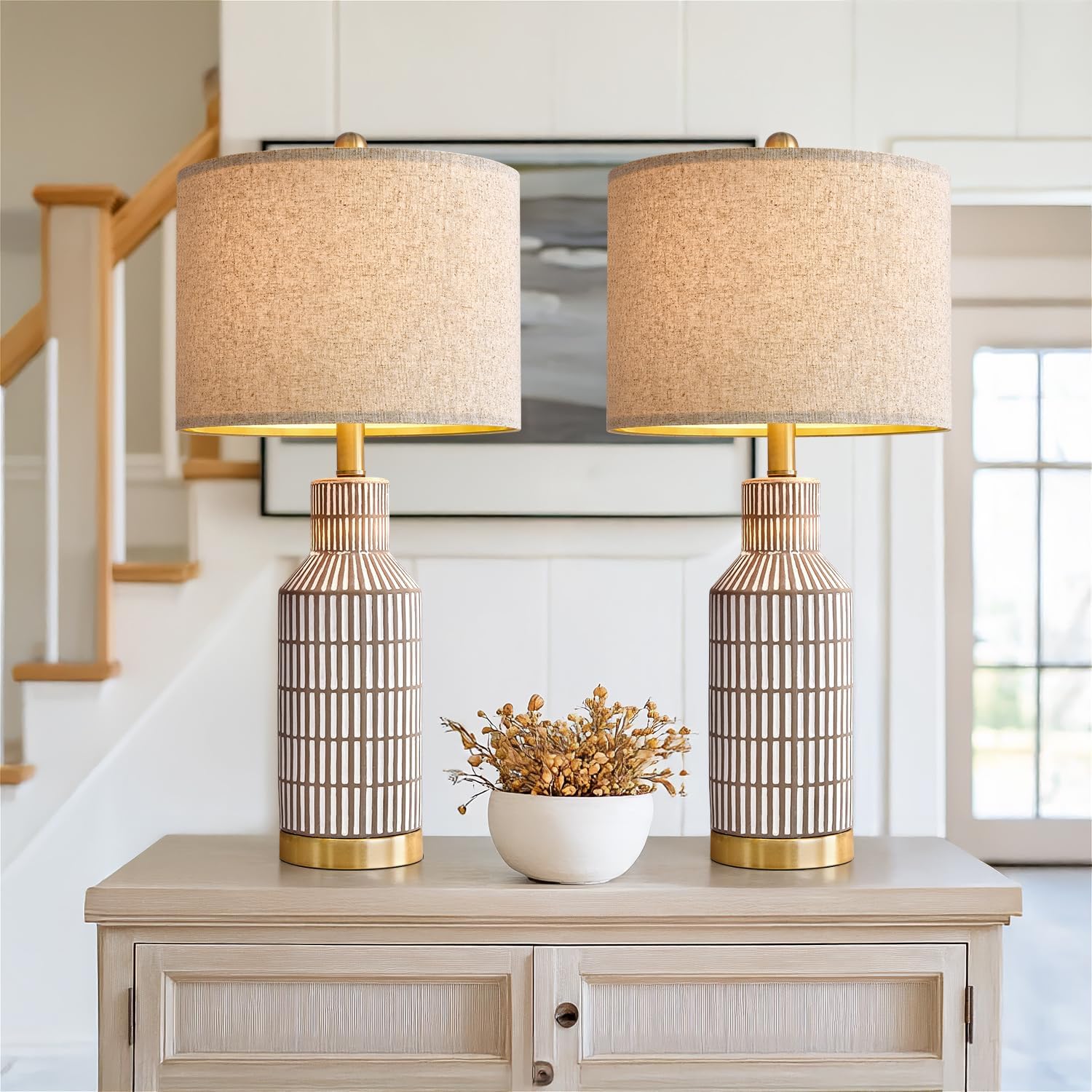 25" Table Lamps Set of 2 - Modern Bedside Lamps for Living Room - White Washed Ceramic Nightstand Lamps for Bedroom