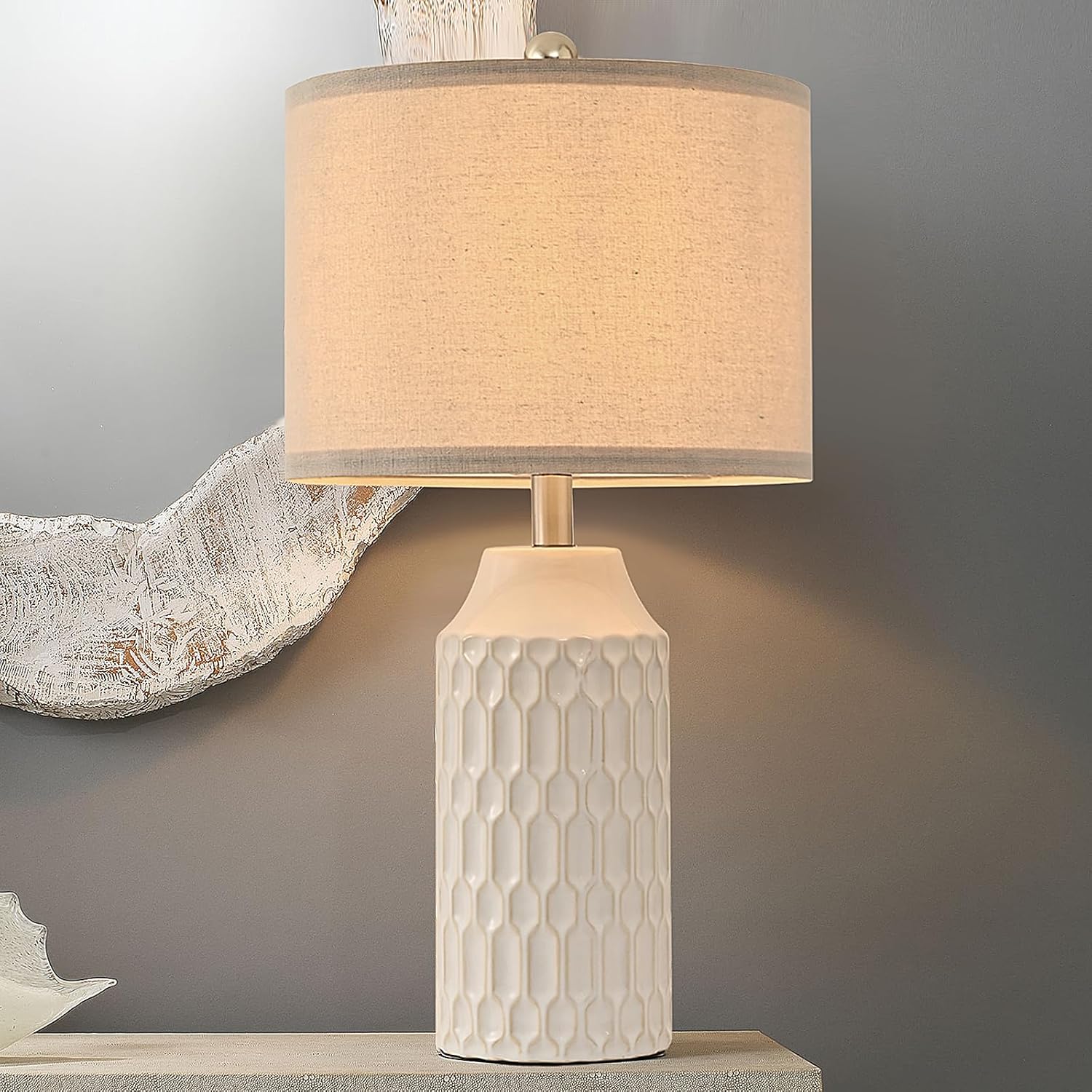 22IN Modern Ceramic Table Lamp Set of 2 White Lamps for Living Room Tall Bedroom Lamp Set Bedside Nightstand Lamps Set of Two Farmhouse Rustic Side Table Lamps for End Table Beige Desk Lamps