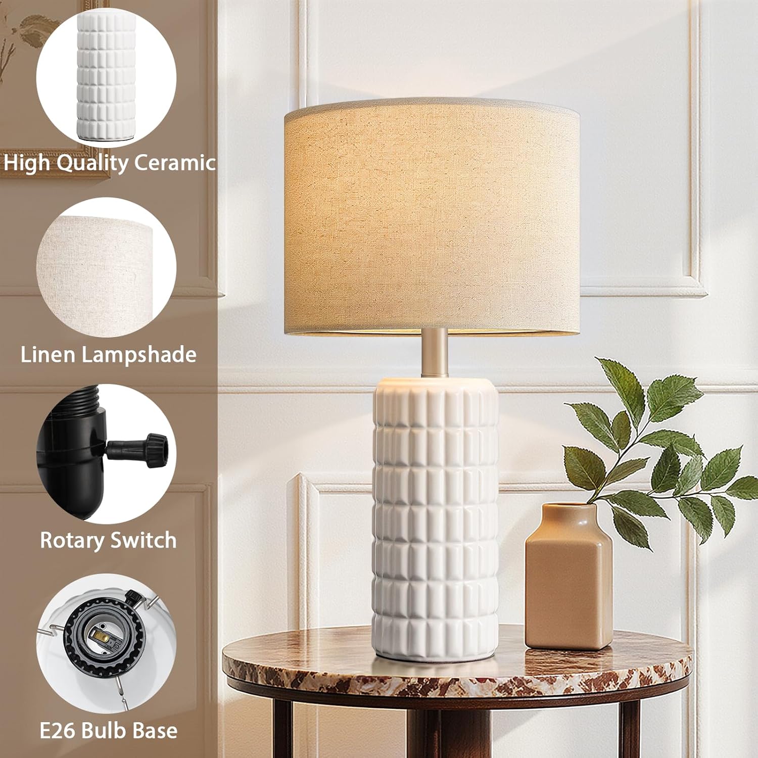 23" Modern Ceramic Table Lamps Set of 2 - Table Lamps for Living room, Farmhouse Bedside Night Stands Lamp for Bedroom, White Boho Nightstand Lamps Set of 2, Desk Lamp for End Table Home Decor
