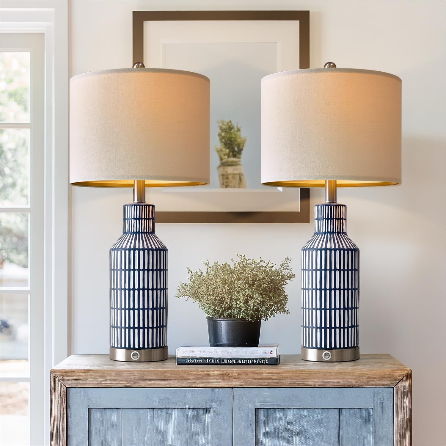 25" Table Lamps Set of 2 - Modern Bedside Lamps for Living Room - White Washed Ceramic Nightstand Lamps for Bedroom