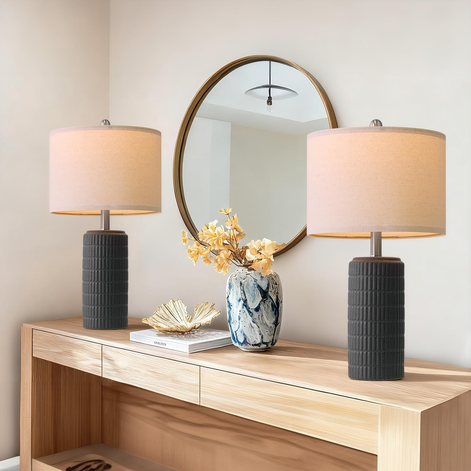 PoKat 23" Modern Ceramic Table Lamp Set of 2 for Living Room White Desk Lamps for Bedroom Farmhouse Bedside Nightstand Lamp House Warming Gifts New Home Decor End Table Lamps Gifts for Women Mom Beige