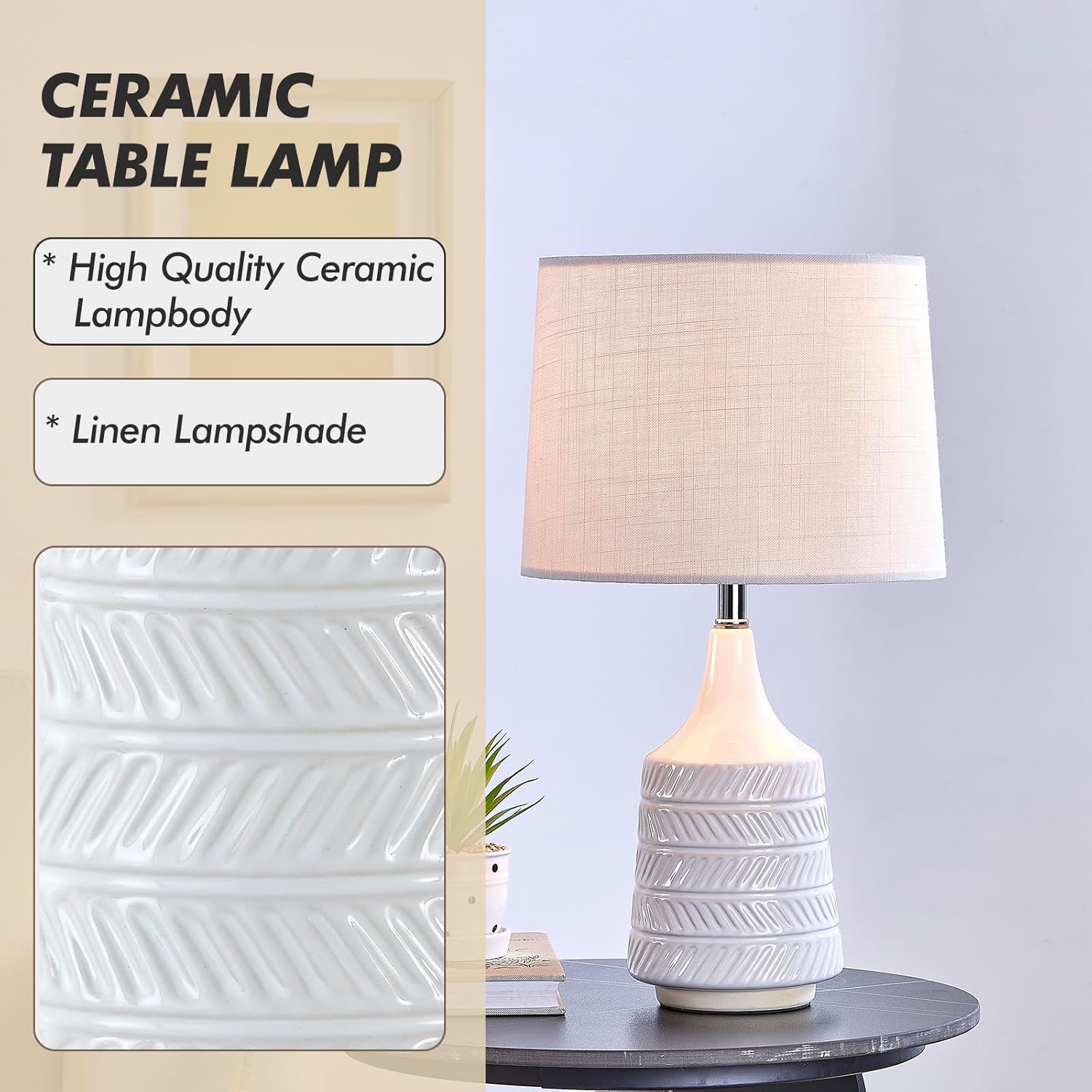 White Ceramic Table Lamps Set of 2, Decor Farmhouse Lamps for Living Room End Tables, 18.5" Bedside Lamps for Night Stands, Modern Boho Lamp for Bedroom Office, 3-Color Temperature LED Bulbs Included