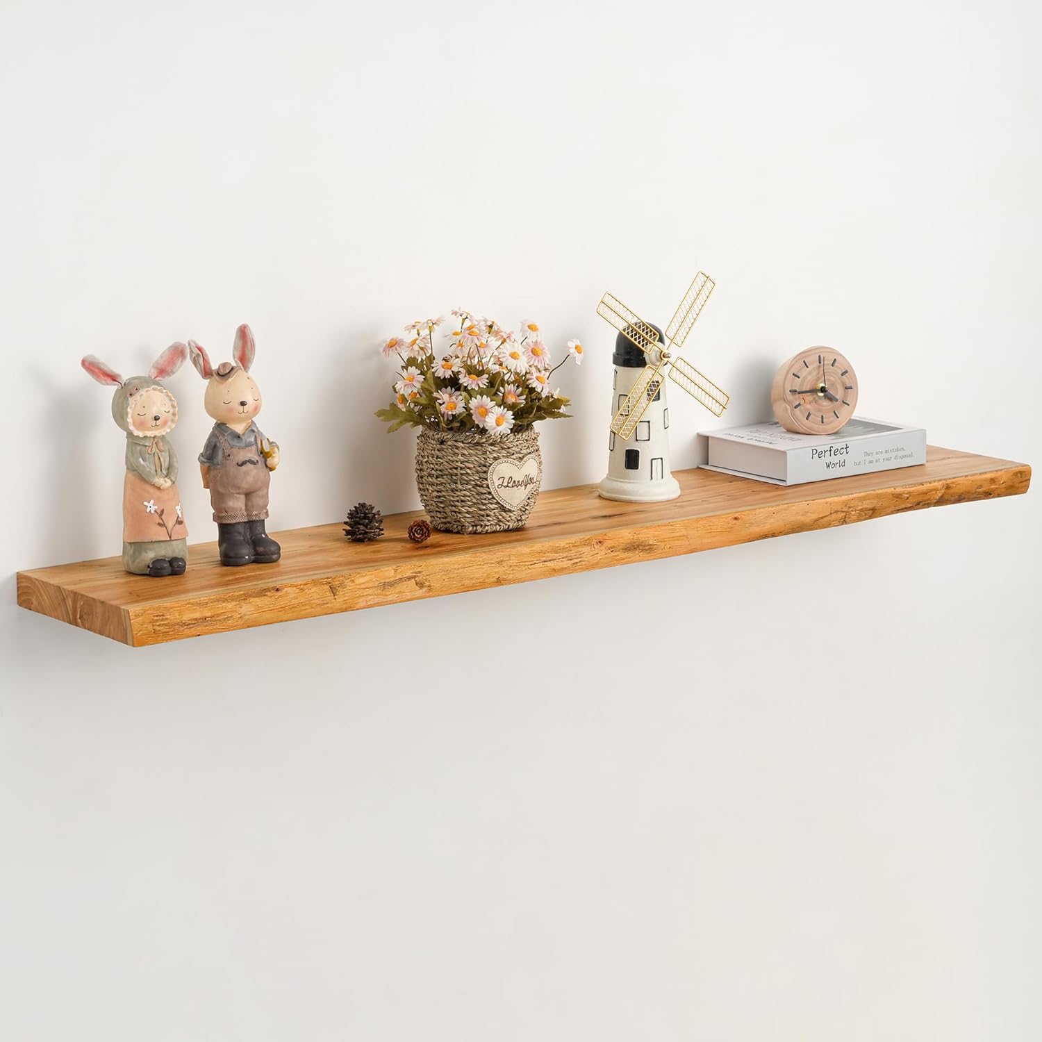 Floating Shelves Set of 2, Solid Elm Wood Wall Shelves 24 Inch - Invisible Bracket Mount for Living Room, Bedroom, Kitchen, Bathroom - Natural