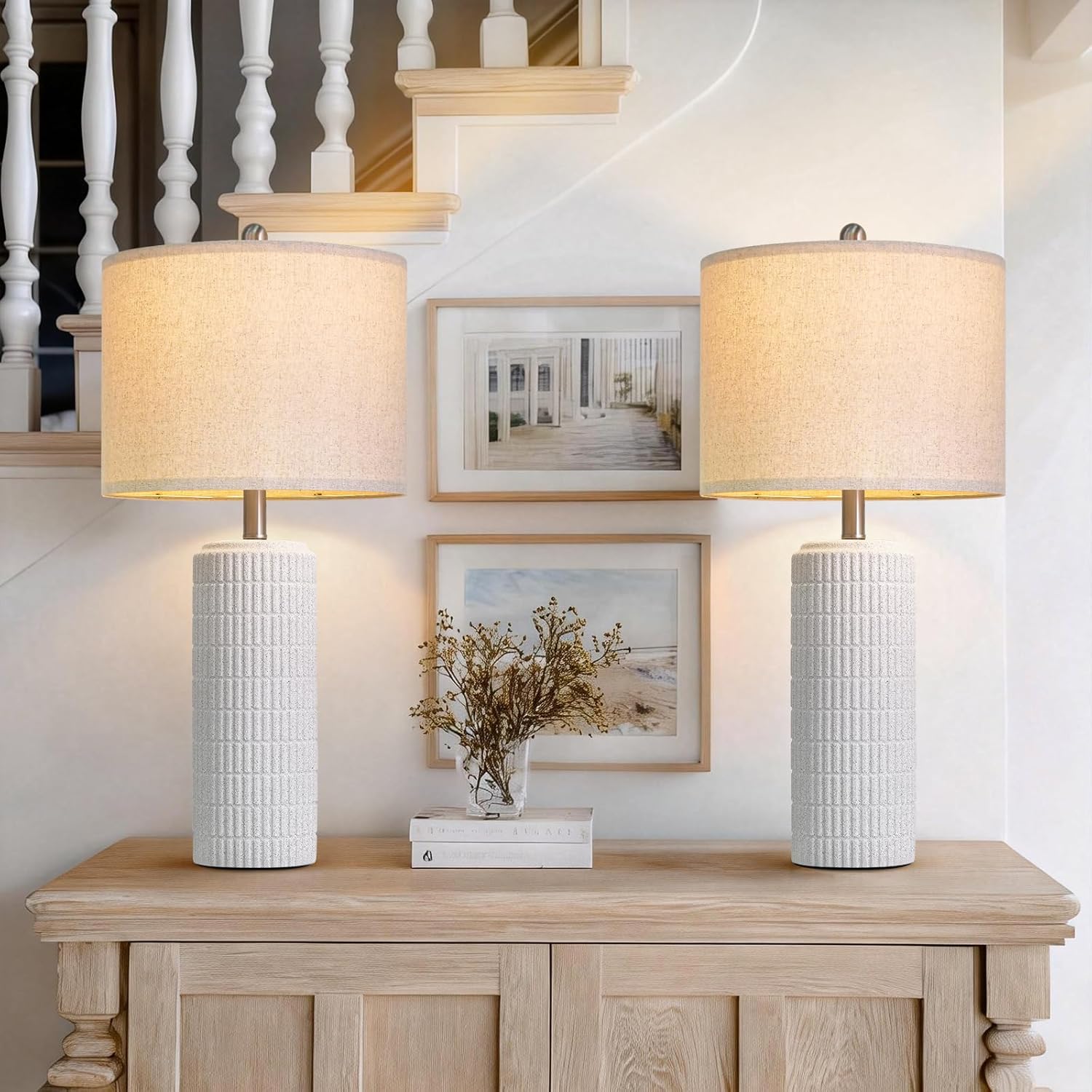 PoKat 23" Modern Ceramic Table Lamp Set of 2 for Living Room White Desk Lamps for Bedroom Farmhouse Bedside Nightstand Lamp House Warming Gifts New Home Decor End Table Lamps Gifts for Women Mom Beige