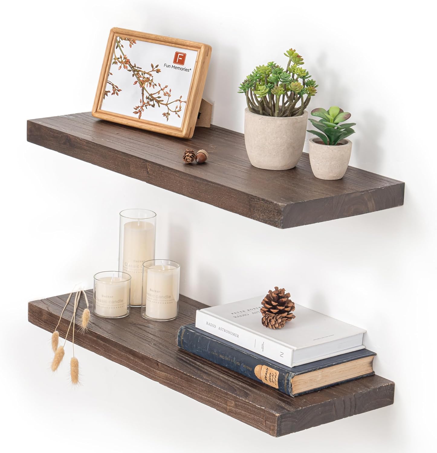 Floating Shelves for Wall, 36"x9.3" Rustic Solid Live-Edge Elm Wood Wall Shelves, Heavy-Duty Floating Shelves with Invisible Brackets, Set of 2 for Living Room, Bedroom, and Kitchen, Natural Finish