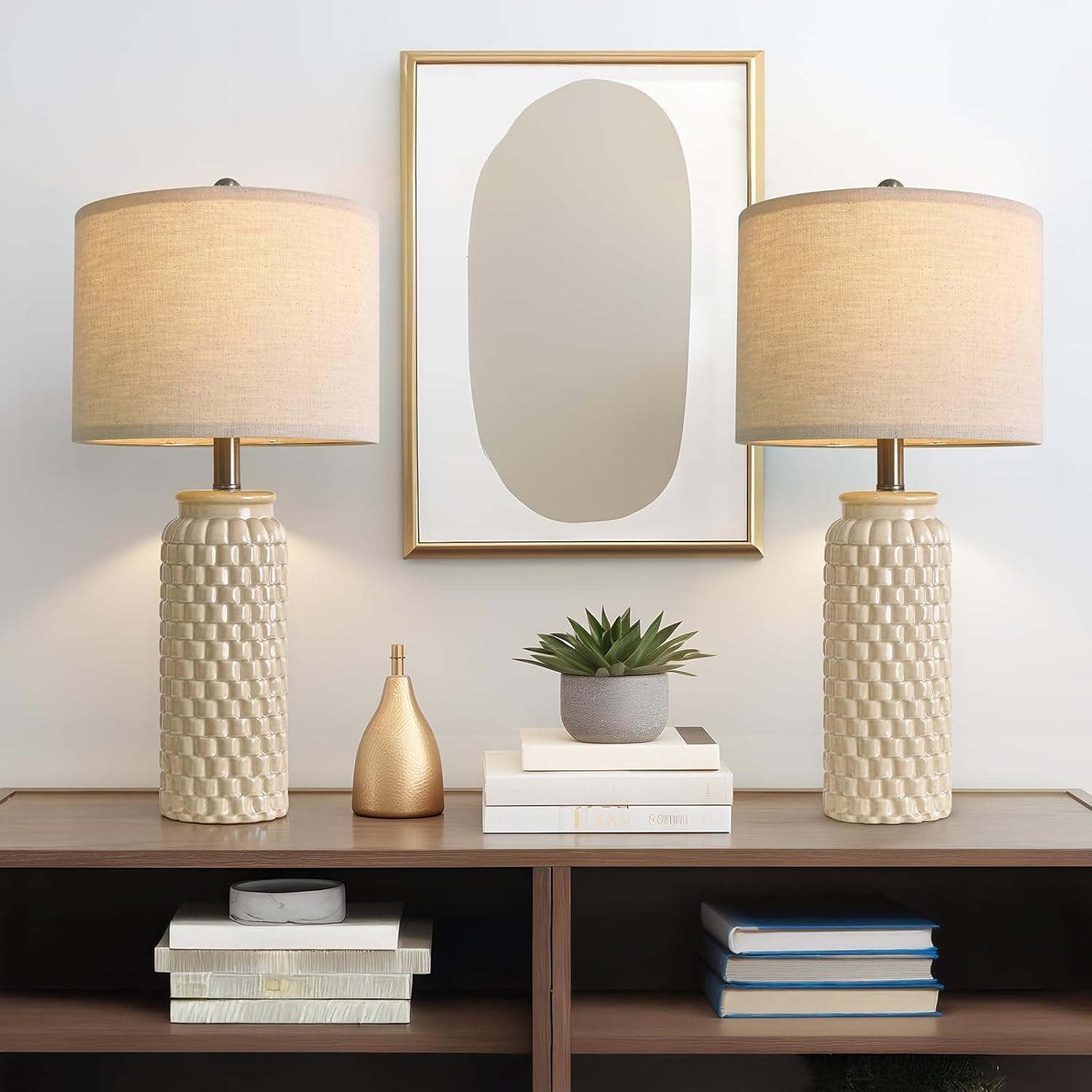 20.5" White Modern Ceramic Bedside Lamp Set of 2 for Bedroom Decor Farmhouse Table Lamp for Living Room Office Dorm