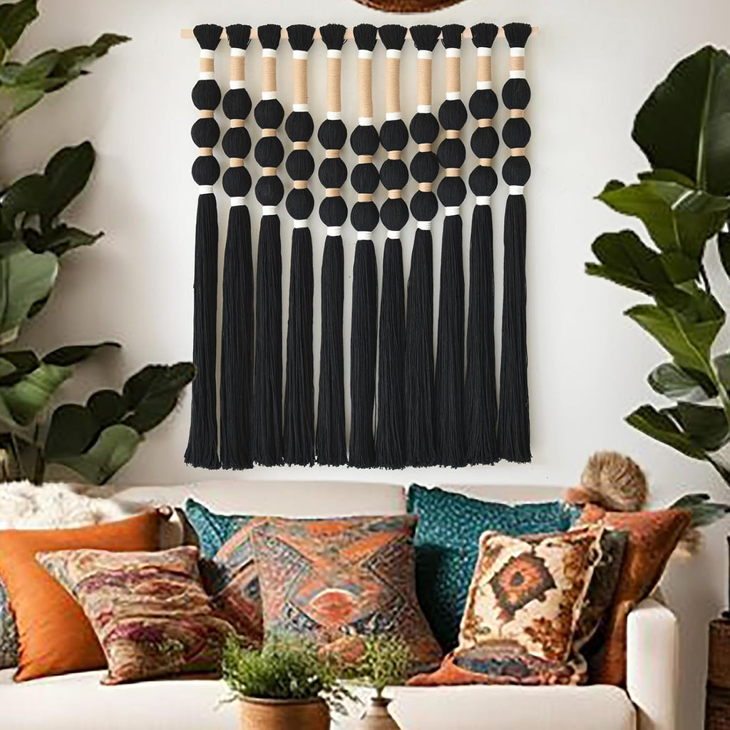 Flber Macrame Wall Hanging Woven Knot and Tassel Fringe Handmade Boho Wall Art for Bedroom, Living Room, or Entryway Decor 27" W x 29" L