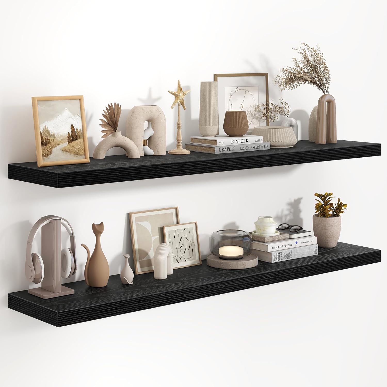 Fun Memories 36 Inch Long Floating Shelves for Wall, 9.3 Inch Deep Floating Shelf, 2 Packs Long Shelves for Bathroom, Living Room, Bedroom, Wall Mounted Storage Shelf for Books Decor, Rustic Brown