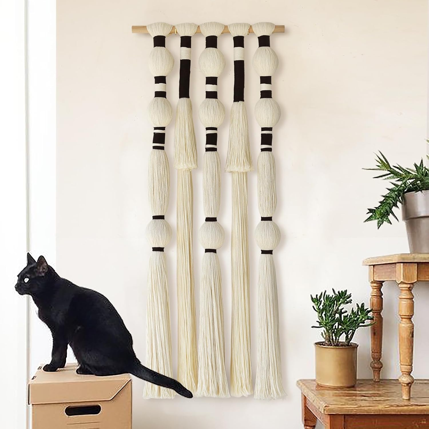 Flber Macrame Wall Hanging Woven Knot and Tassel Fringe Handmade Boho Wall Art for Bedroom, Living Room, or Entryway Decor 27" W x 29" L